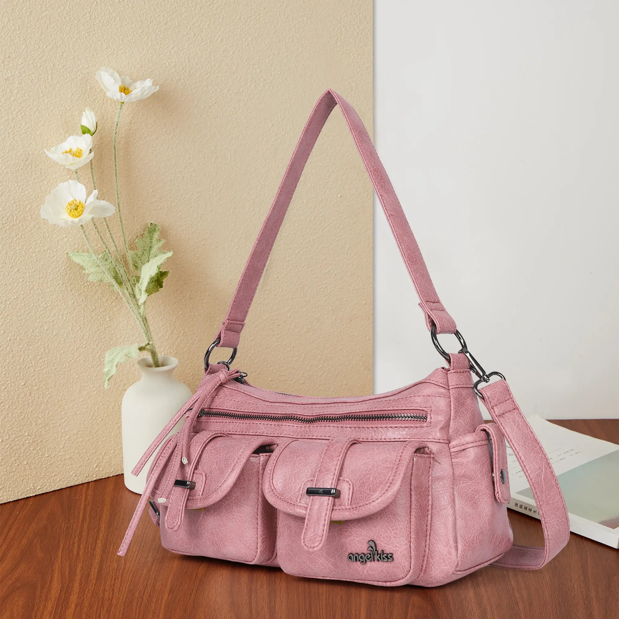 Small Shoulder Bag with Front Pockets and Chain Details