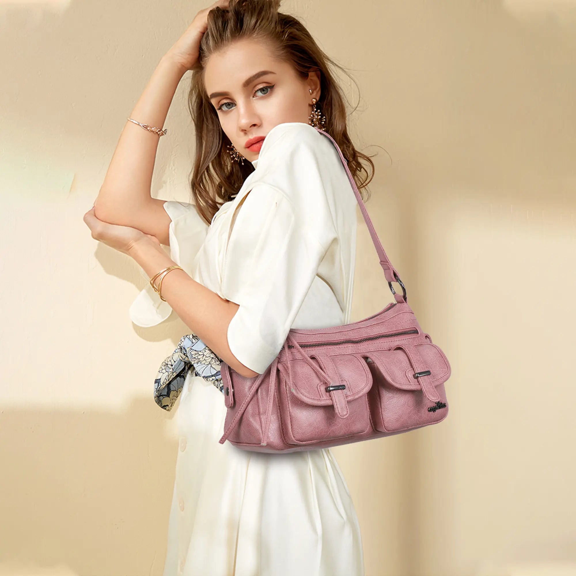 Small Shoulder Bag with Front Pockets and Chain Details