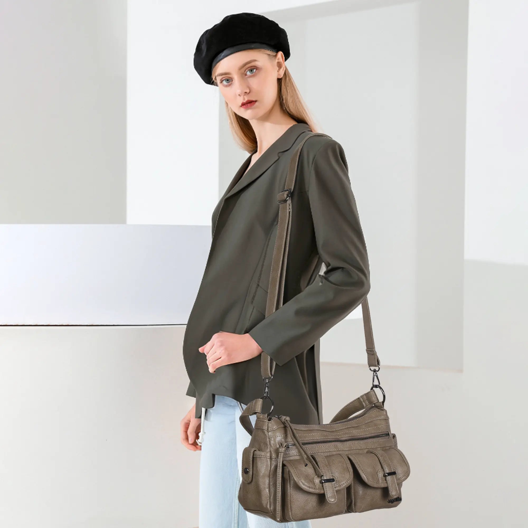 Small Shoulder Bag with Front Pockets and Chain Details