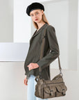 Small Shoulder Bag with Front Pockets and Chain Details