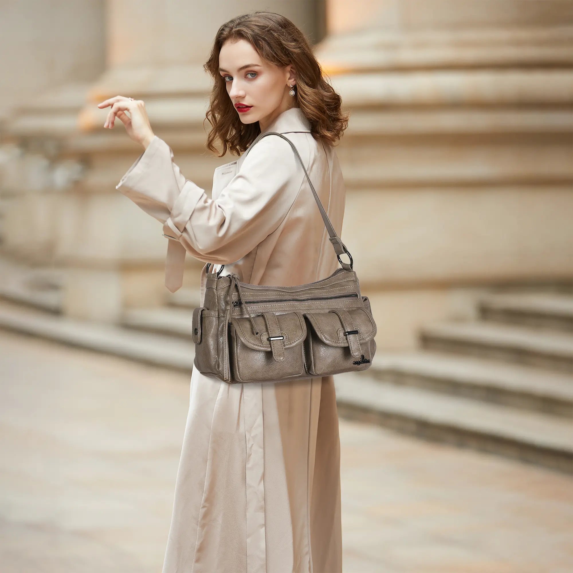 Small Shoulder Bag with Front Pockets and Chain Details