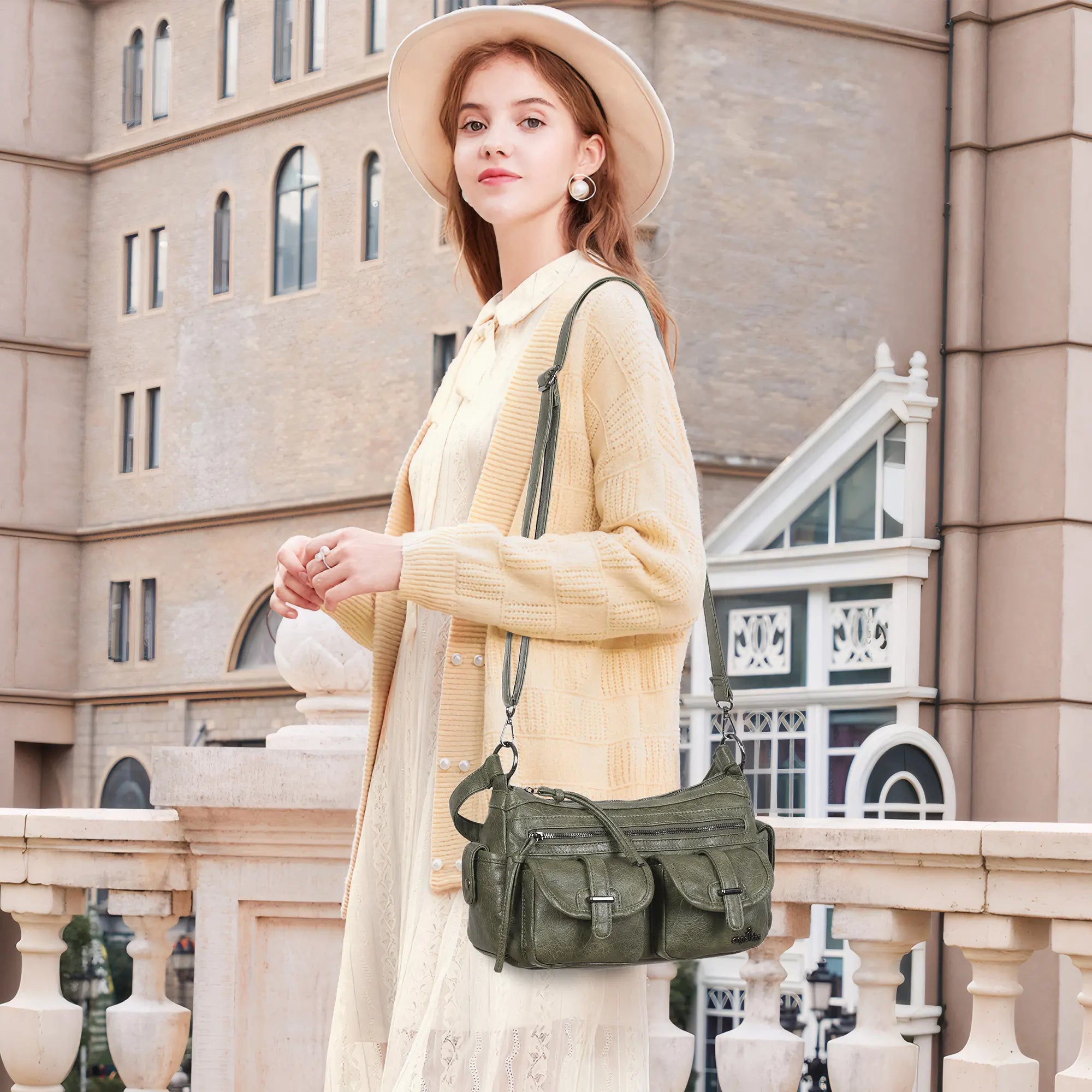Small Shoulder Bag with Front Pockets and Chain Details