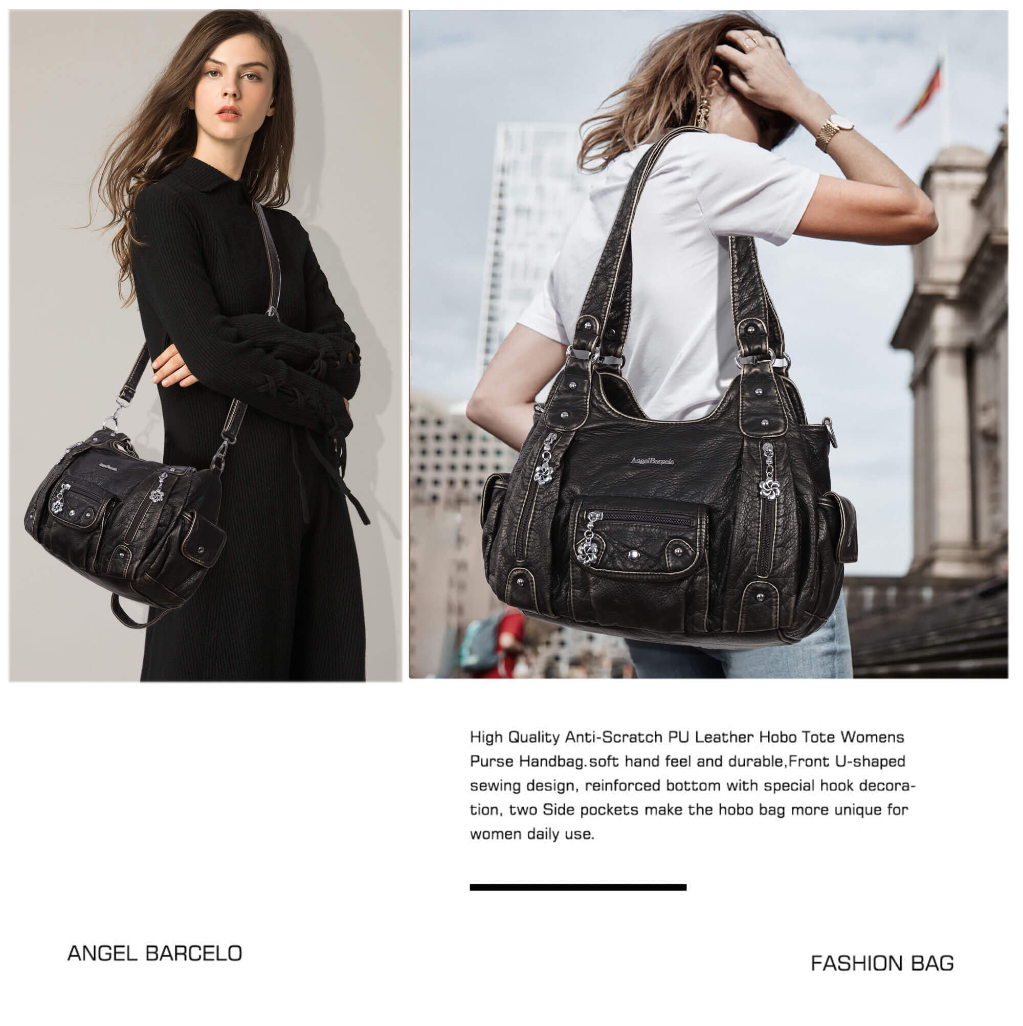 Soft PU Multi-Pocket Shoulder Purse with Crossbody Strap