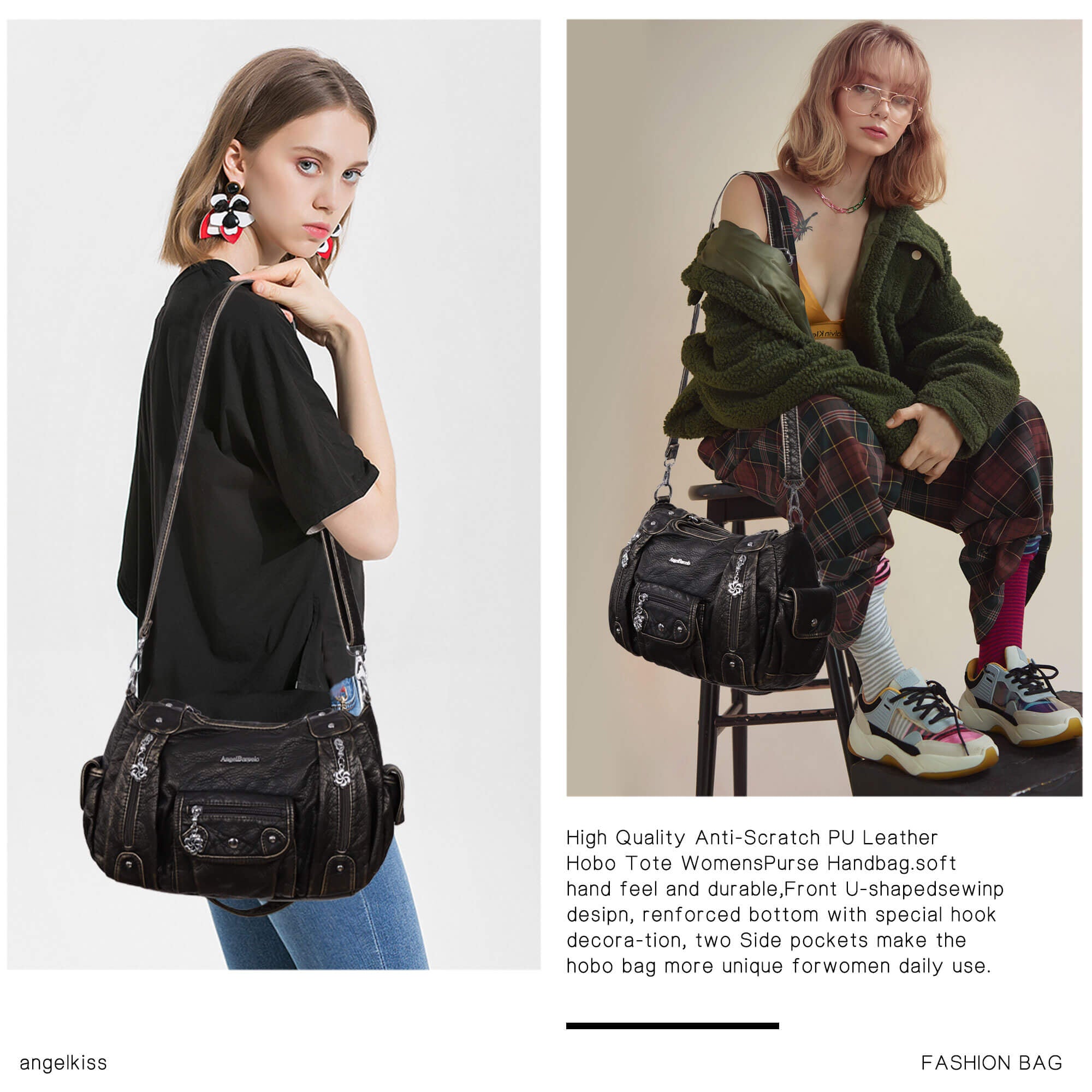 Soft PU Multi-Pocket Shoulder Purse with Crossbody Strap