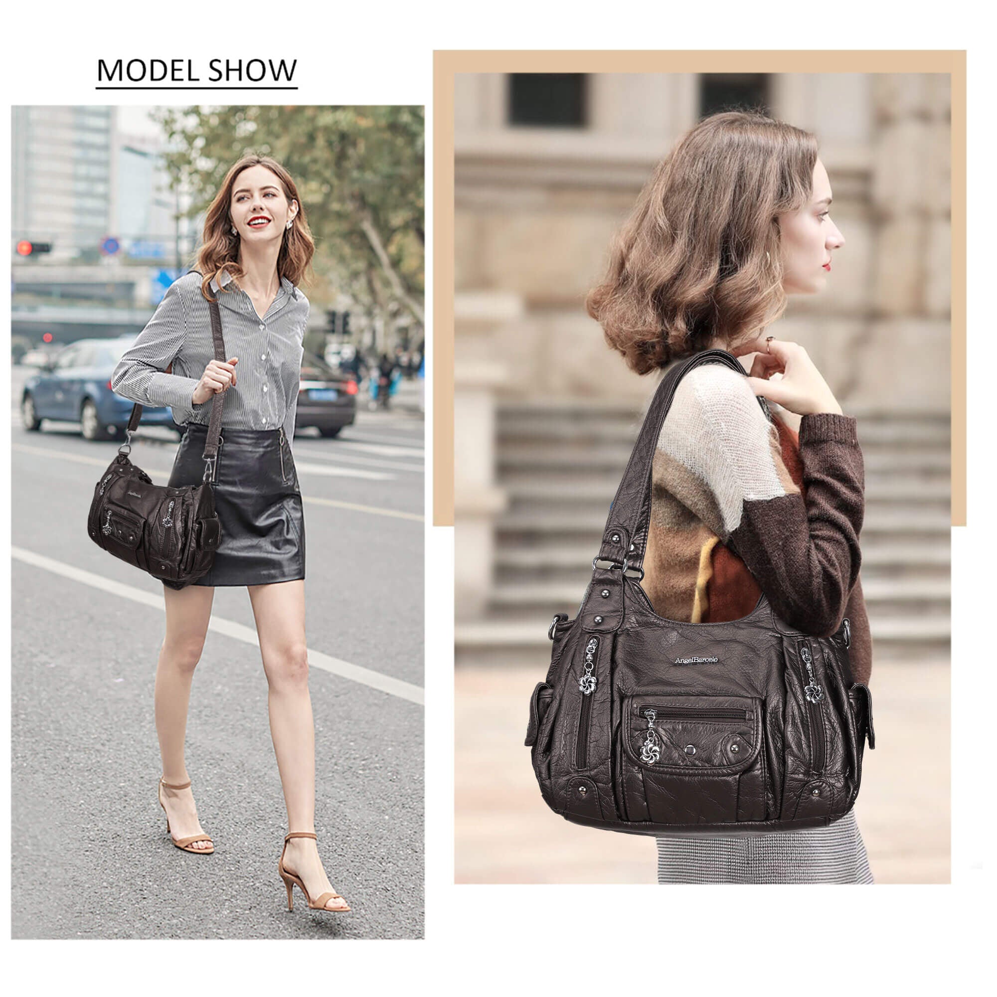 Soft PU Multi-Pocket Shoulder Purse with Crossbody Strap