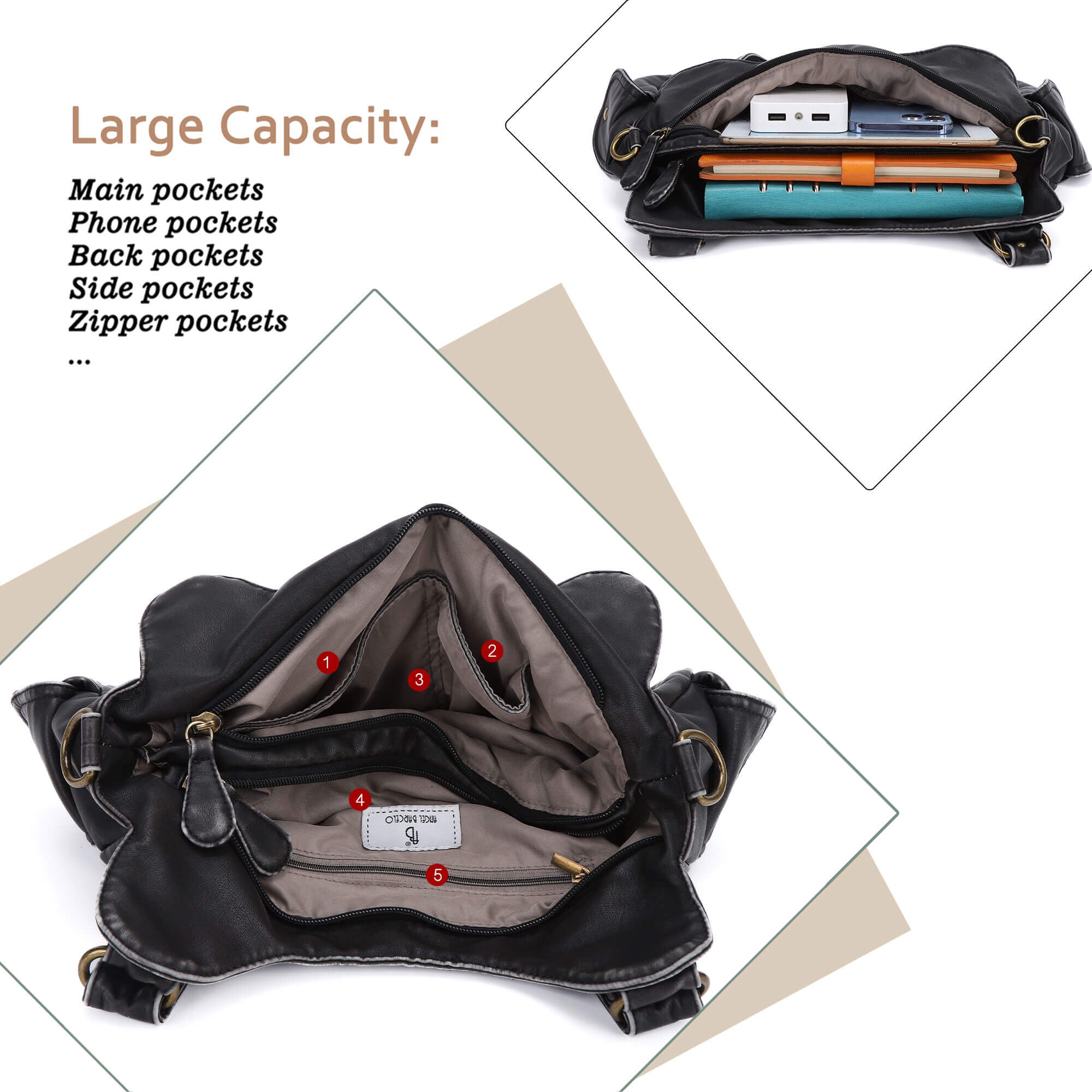 Soft PU Multi-Pocket Shoulder Purse with Crossbody Strap