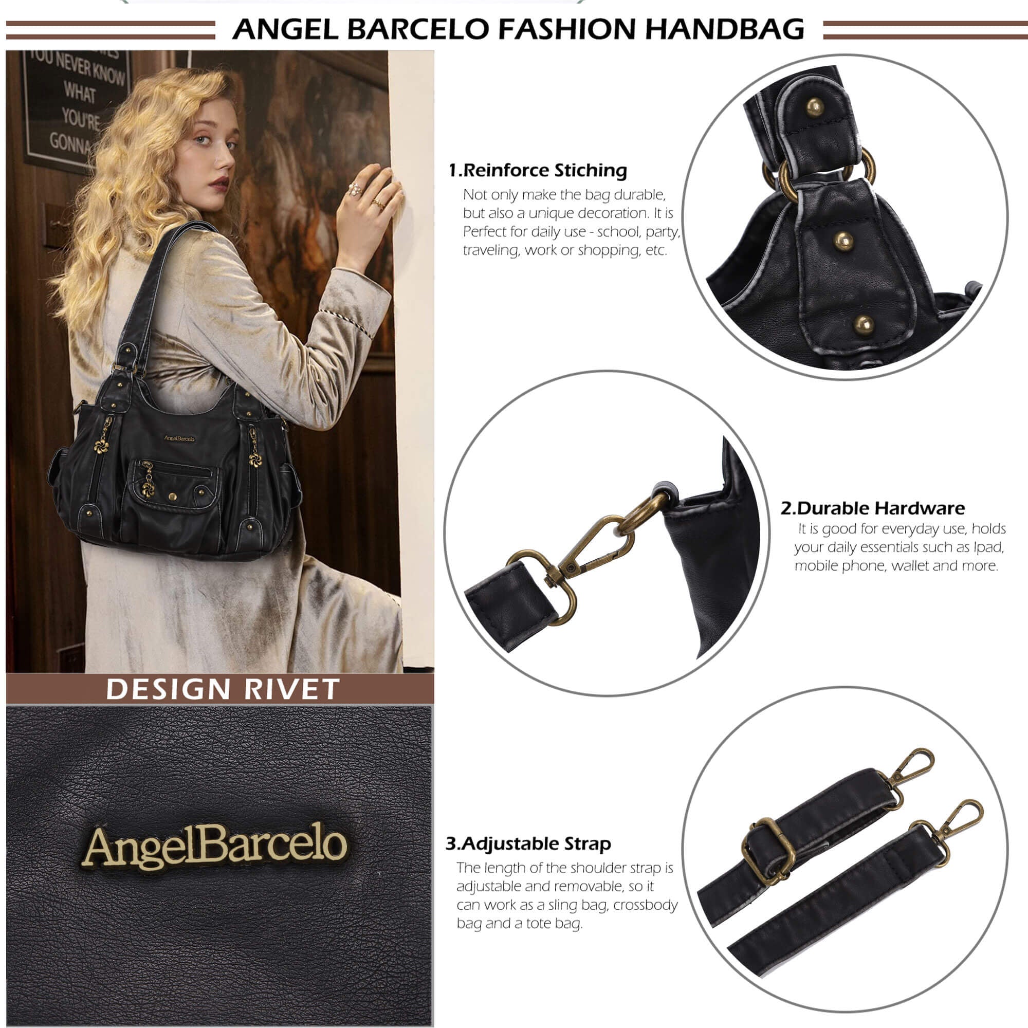 Soft PU Multi-Pocket Shoulder Purse with Crossbody Strap