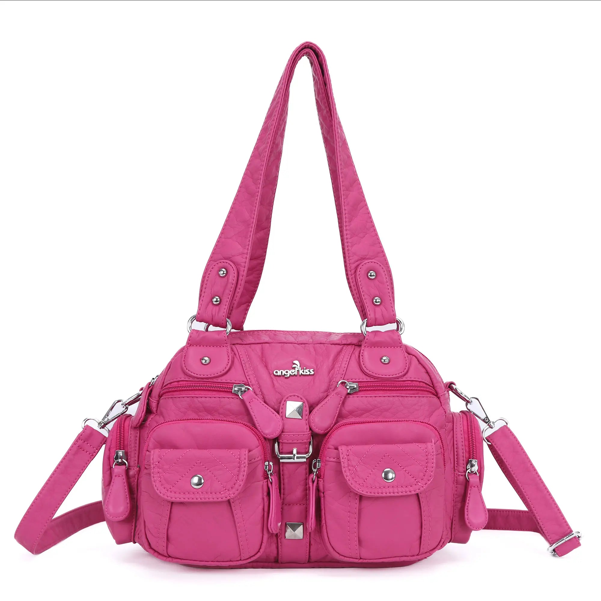 Leopard Print Multi-Pocket Shoulder Bag with Studded Buckle Details