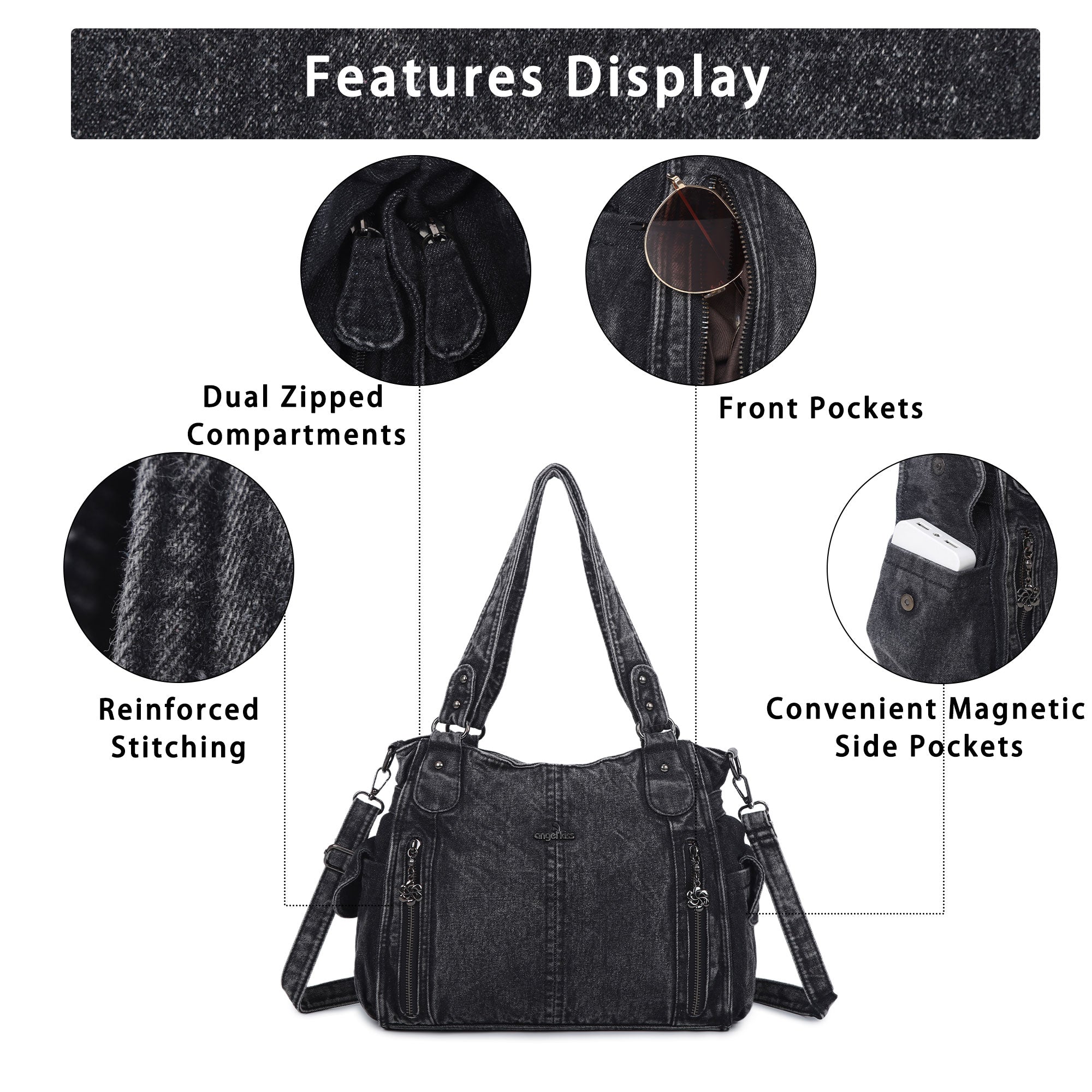 Women's Multi-Zip Tote Shoulder Purse With Wide Strap – Angel Kiss