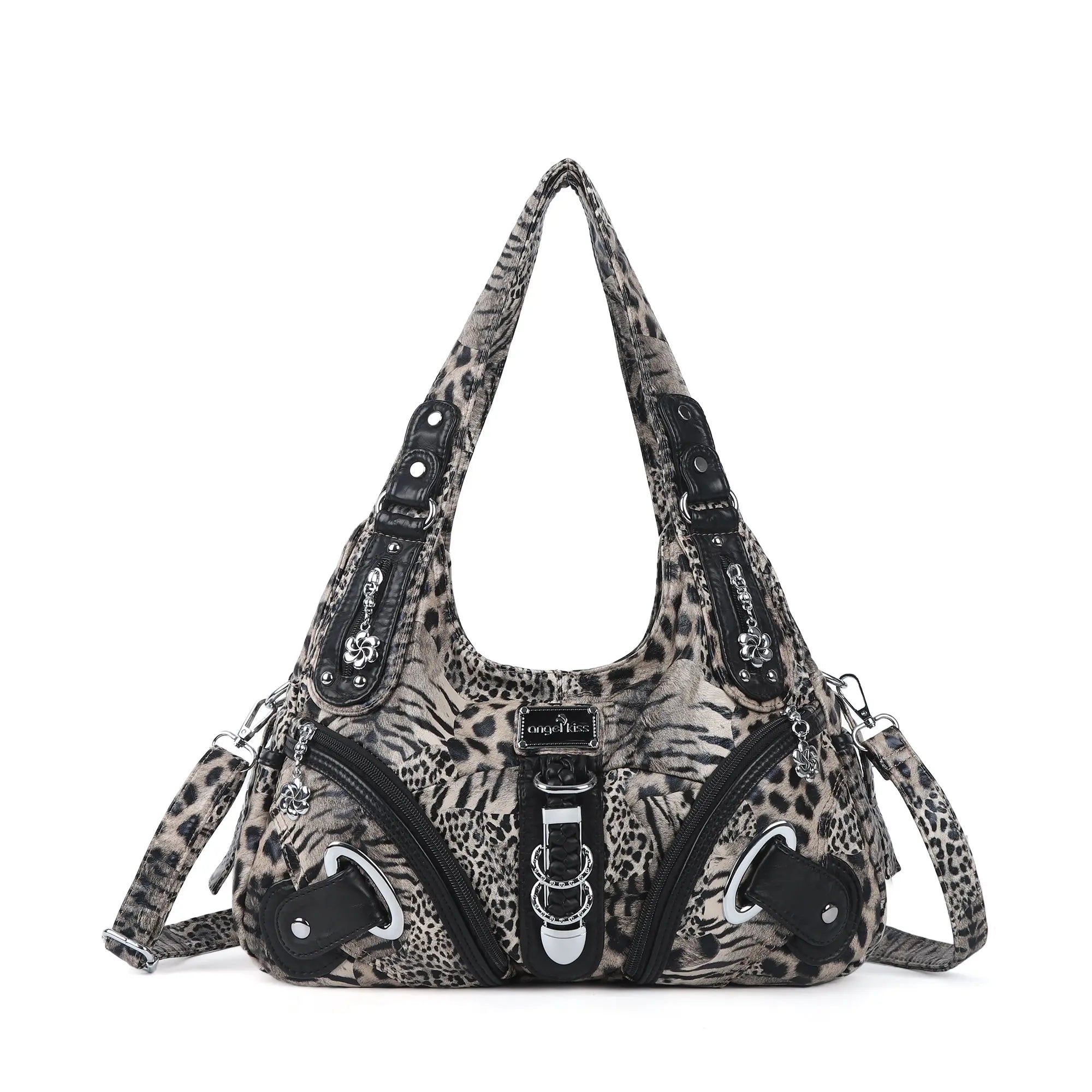 Leopard Print Crescent Shoulder Purse with Top Zip
