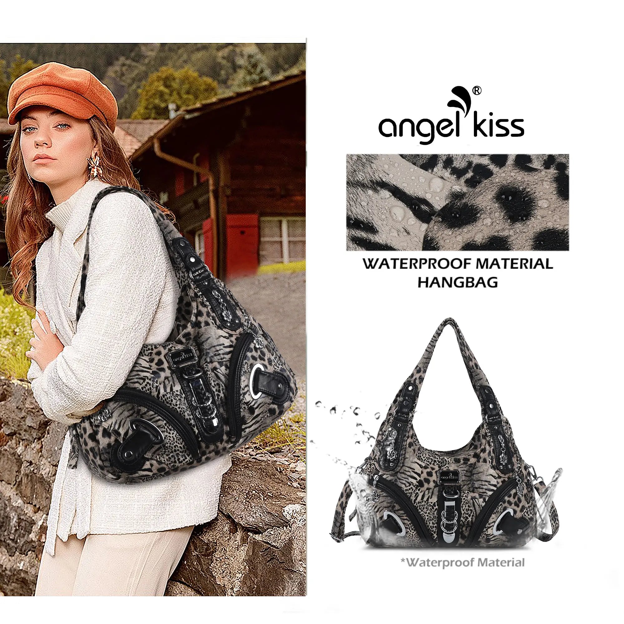 Leopard Print Crescent Shoulder Purse with Top Zip