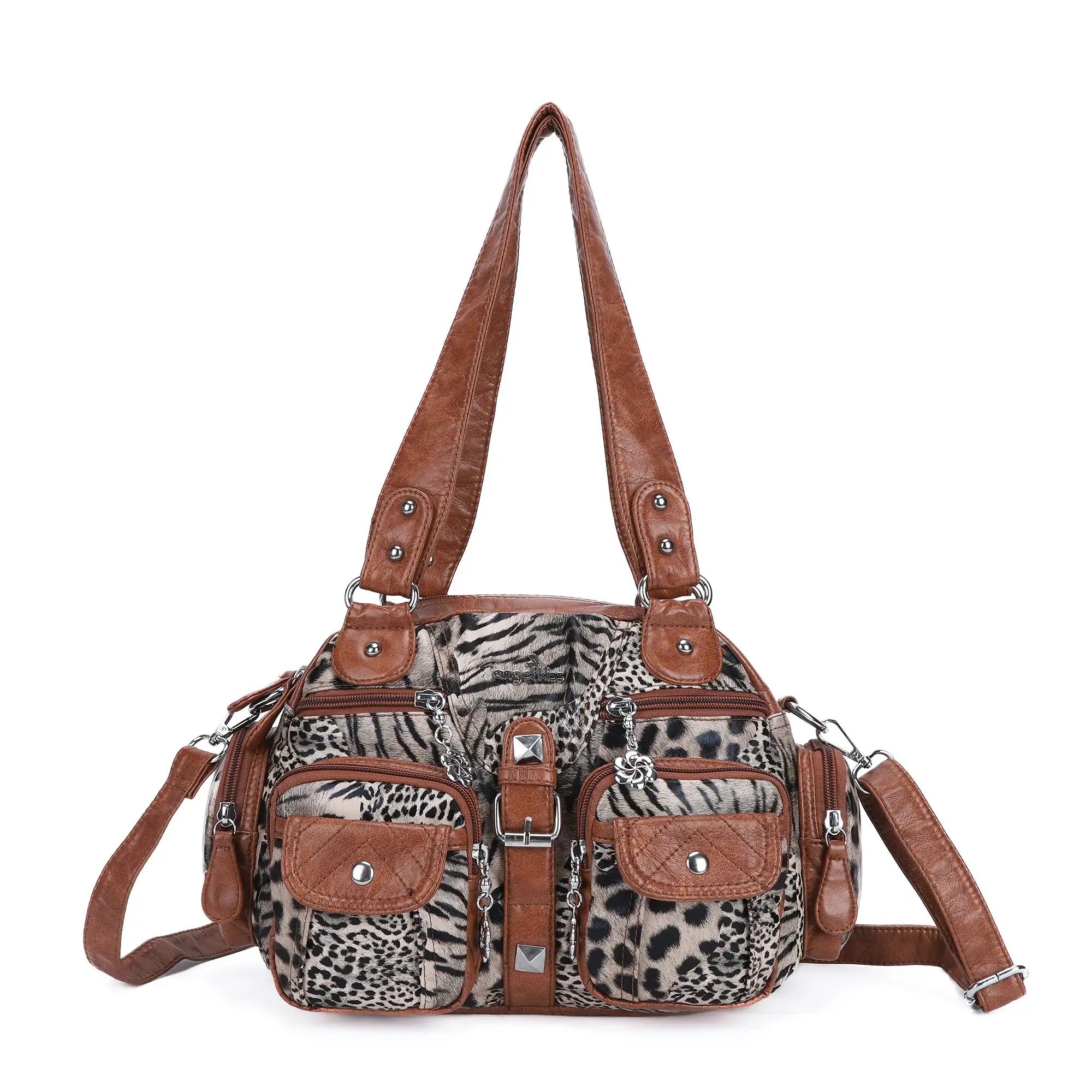 Leopard Print Multi-Pocket Shoulder Bag with Studded Buckle Details