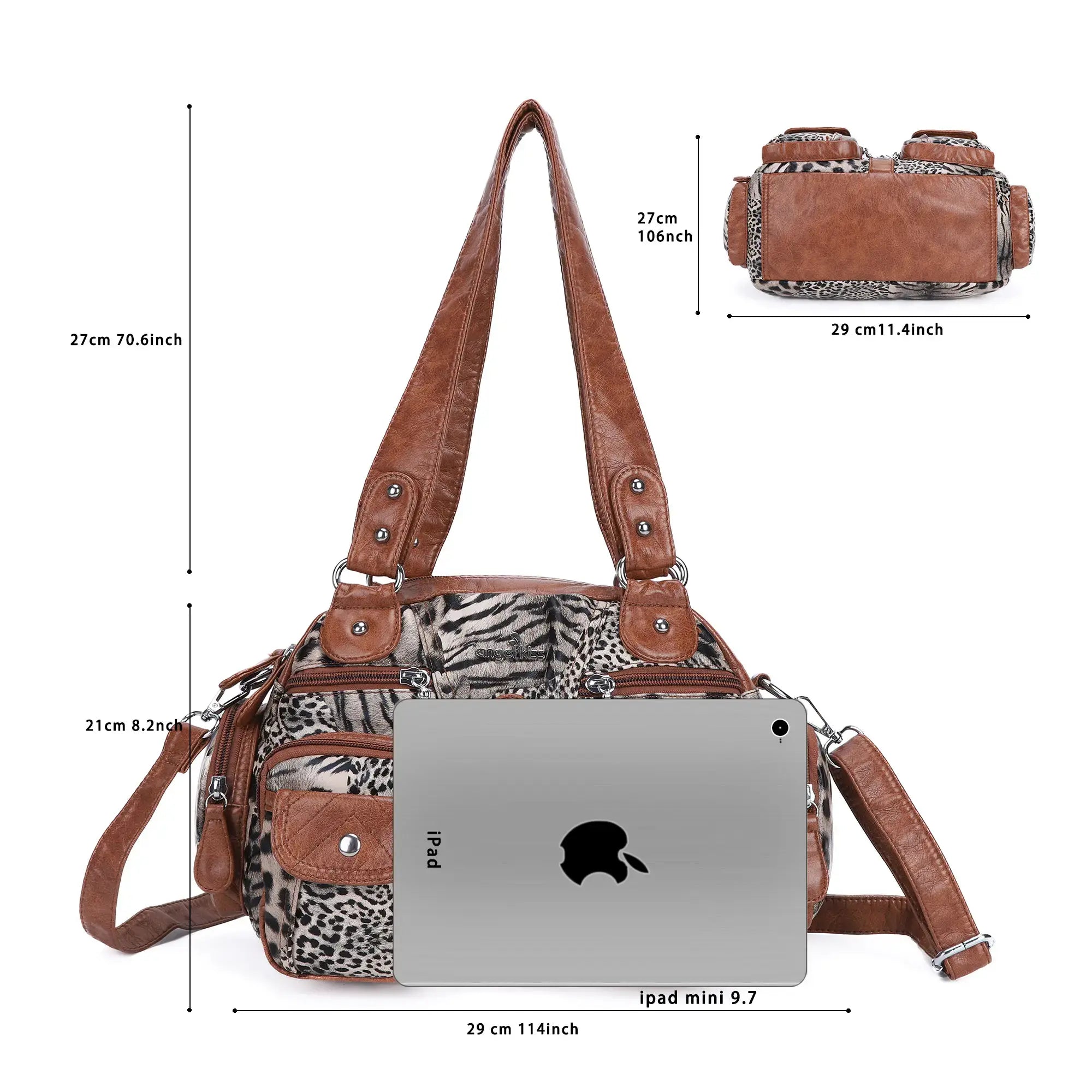 Leopard Print Multi-Pocket Shoulder Bag with Studded Buckle Details