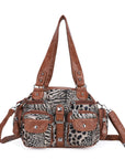 Leopard Print Multi-Pocket Shoulder Bag with Studded Buckle Details