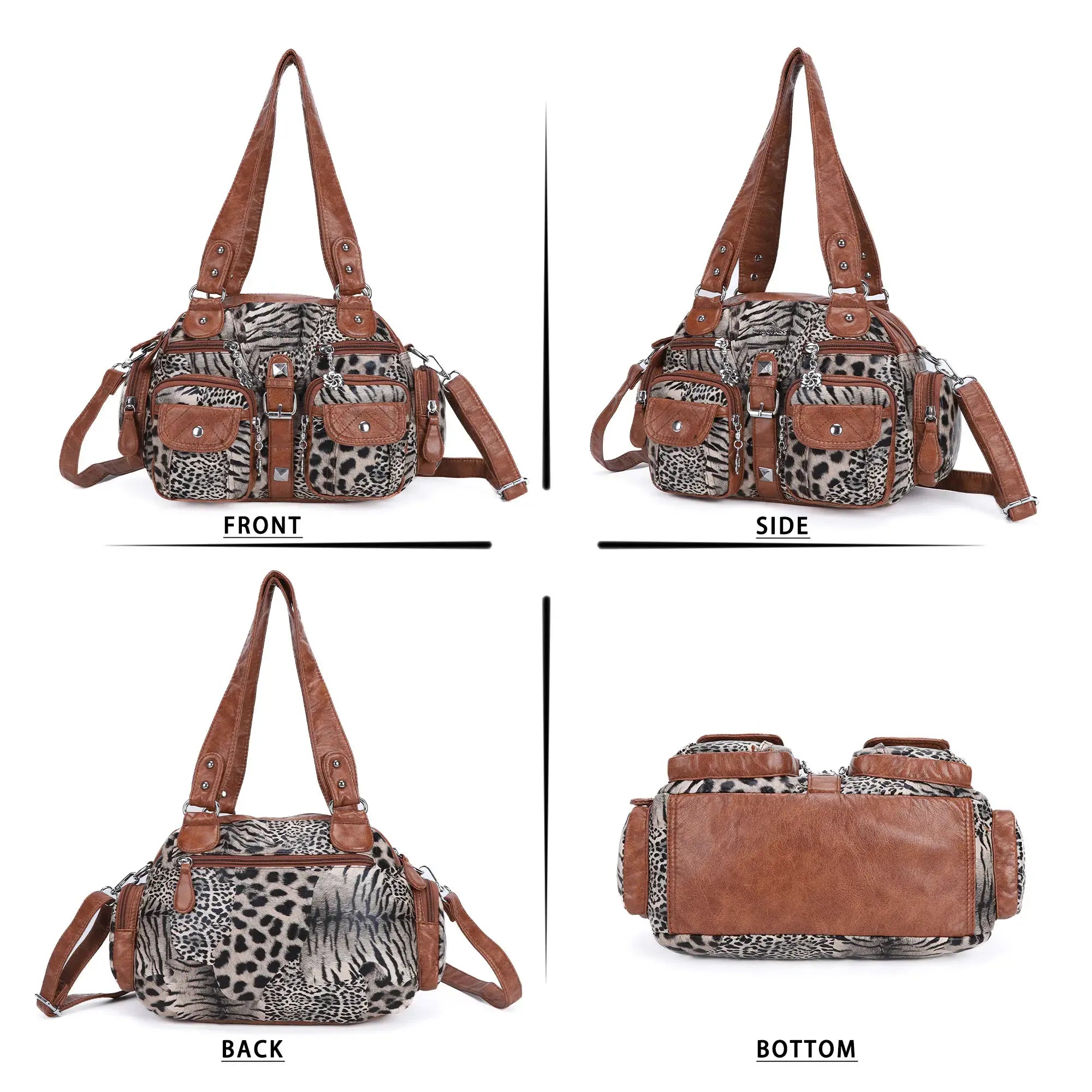 Leopard Print Multi-Pocket Shoulder Bag with Studded Buckle Details
