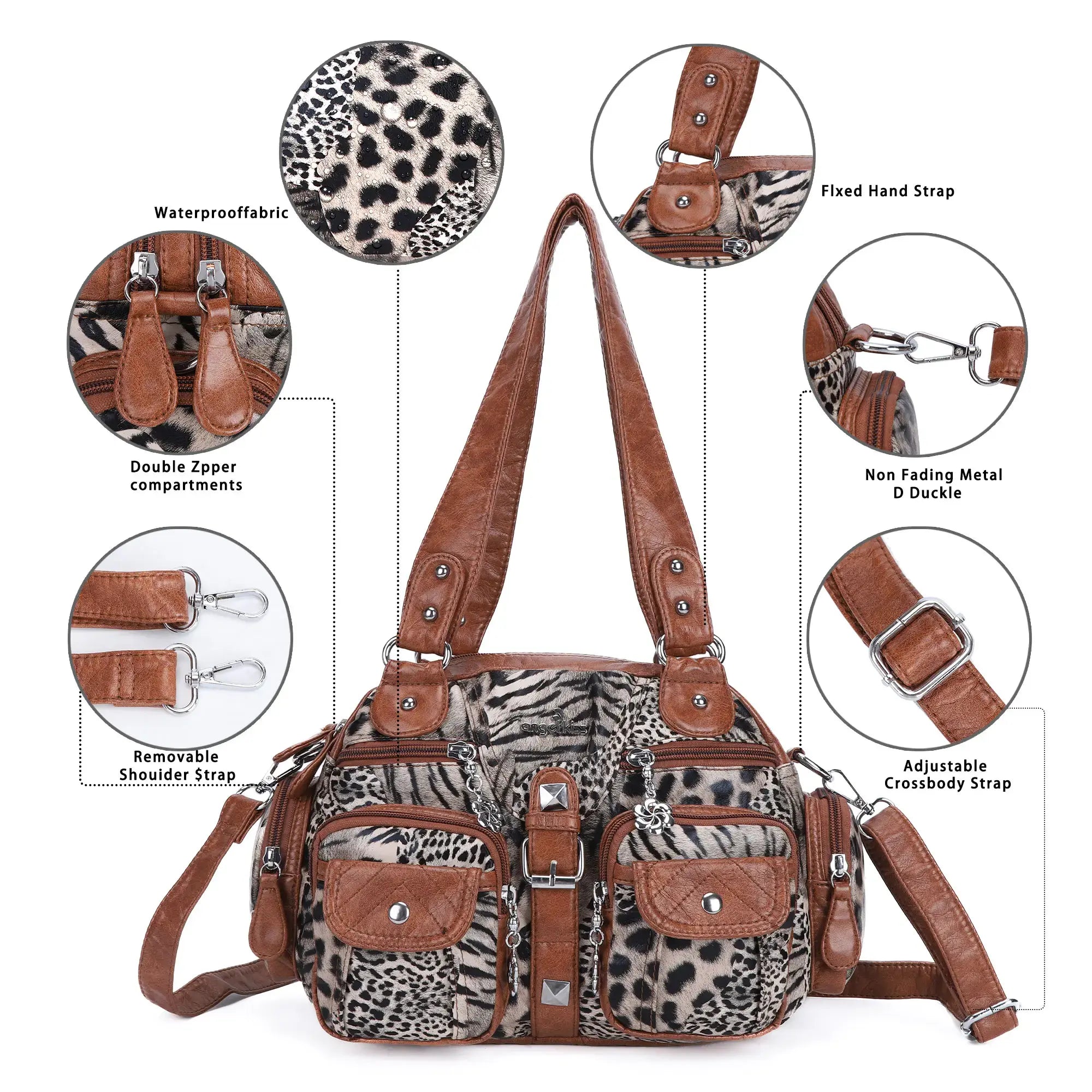 Leopard Print Multi-Pocket Shoulder Bag with Studded Buckle Details