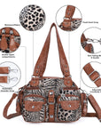 Leopard Print Multi-Pocket Shoulder Bag with Studded Buckle Details