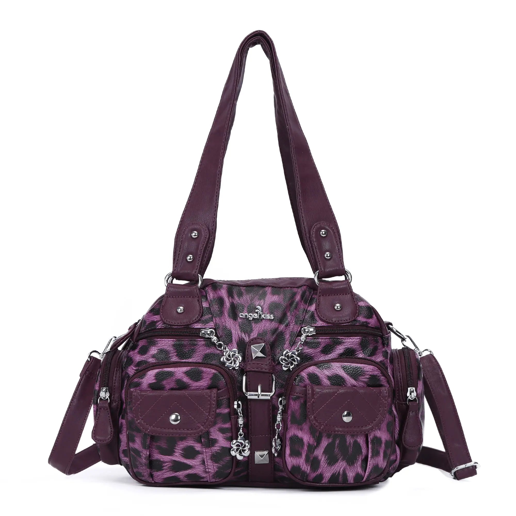 Leopard Print Multi-Pocket Shoulder Bag with Studded Buckle Details