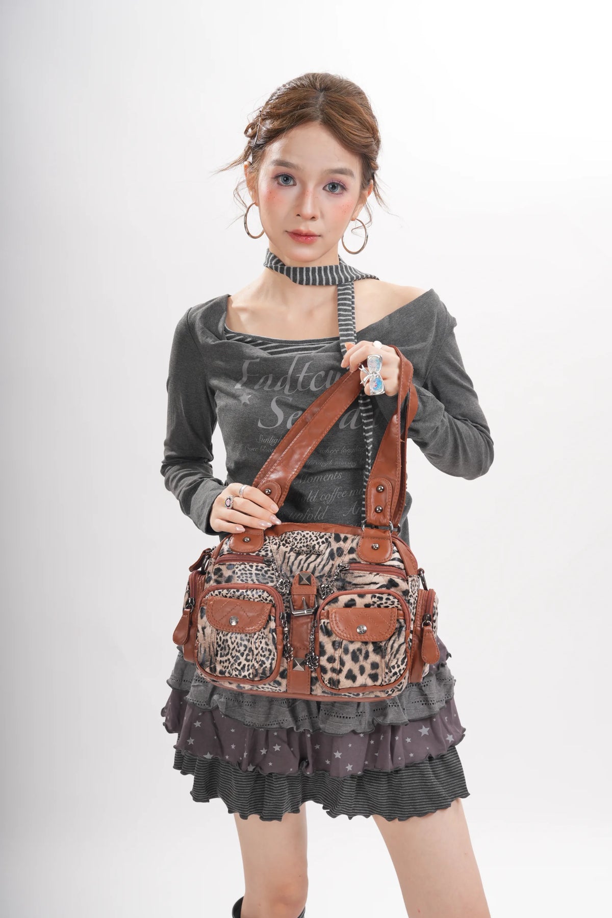 Leopard Print Multi-Pocket Shoulder Bag with Studded Buckle