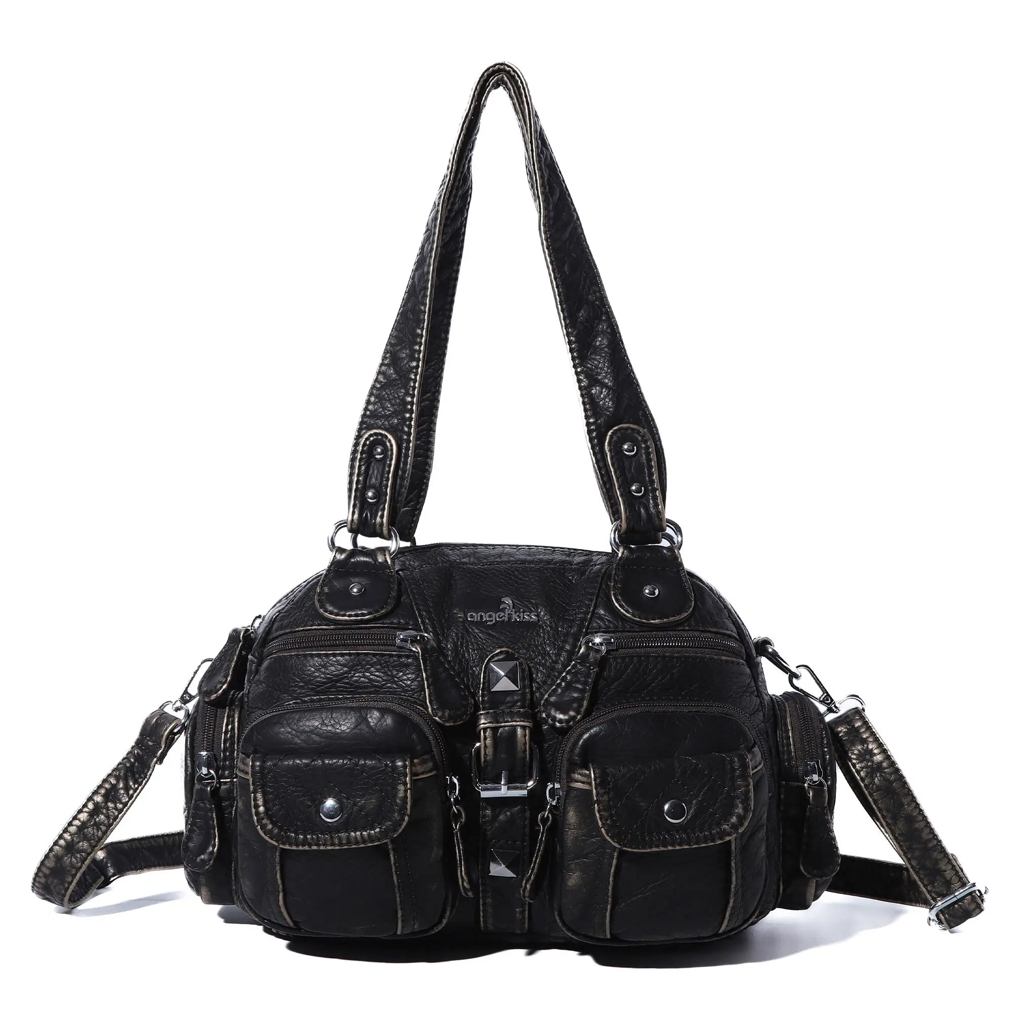 Multi-Pocket Shoulder Bag with Buckle Details and Adjustable Strap