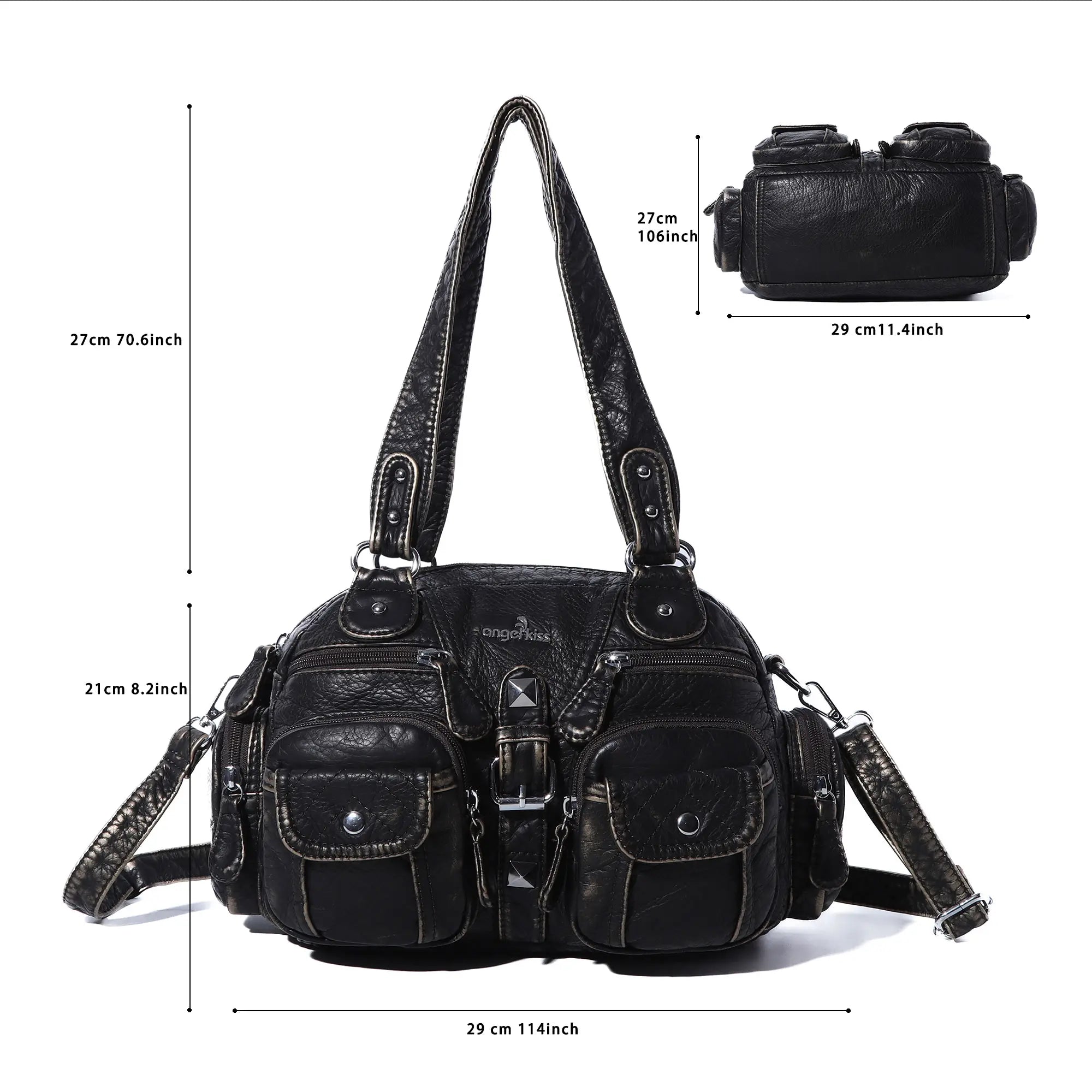 Multi-Pocket Shoulder Bag with Buckle Details and Adjustable Strap