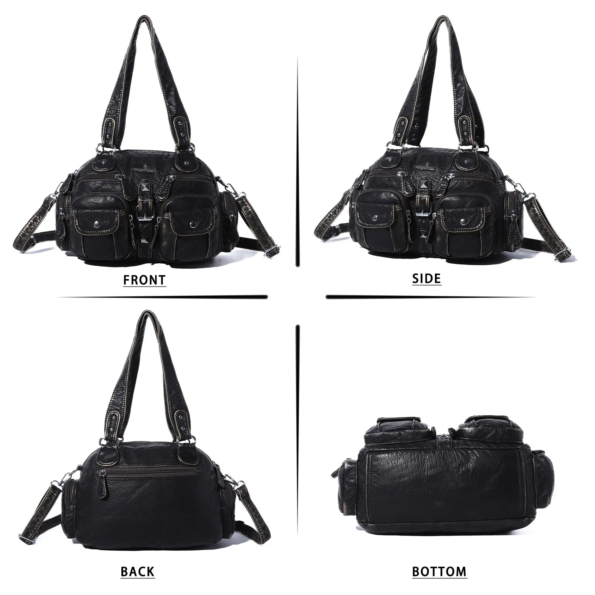 Multi-Pocket Shoulder Bag with Buckle Details and Adjustable Strap