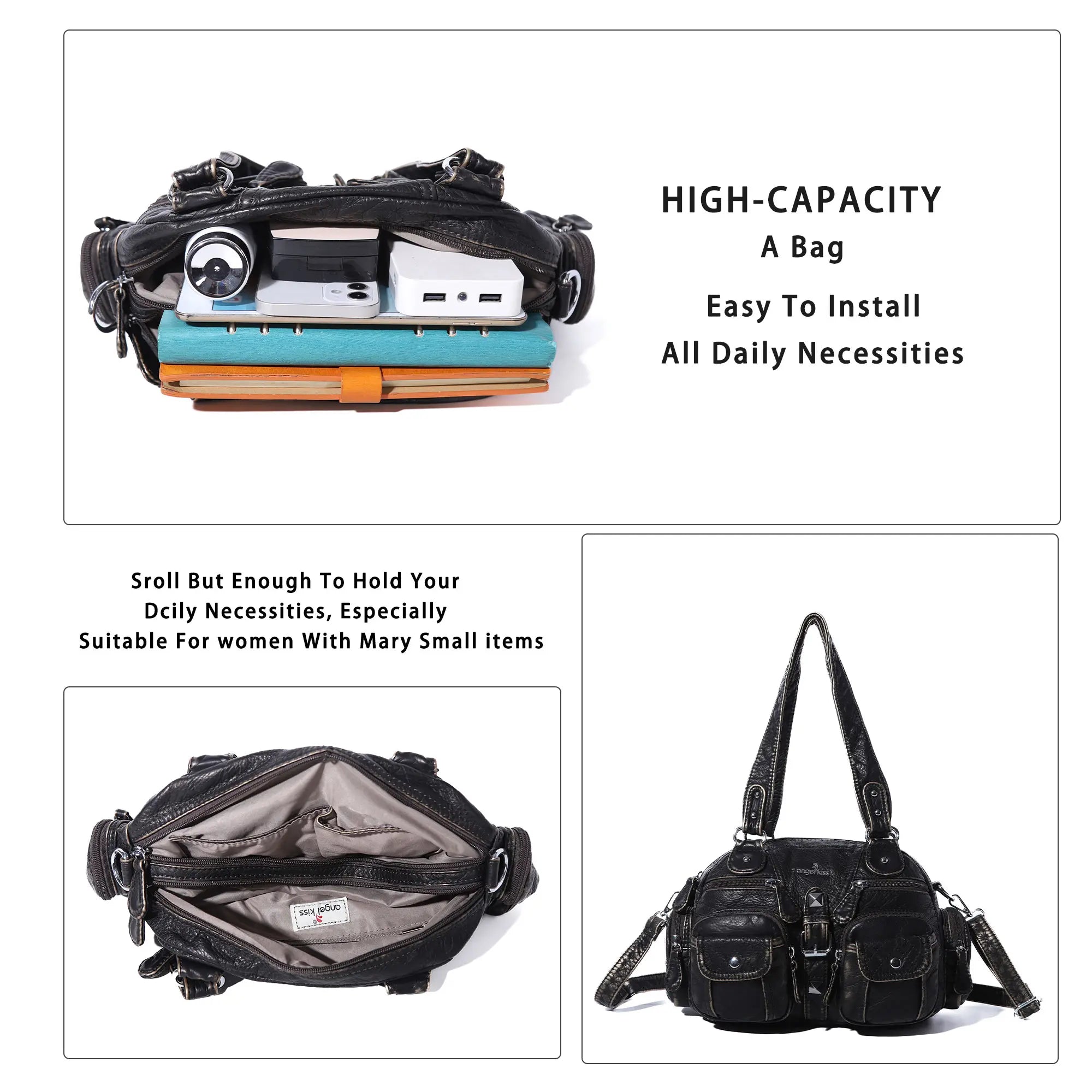 Multi-Pocket Shoulder Bag with Buckle Details and Adjustable Strap