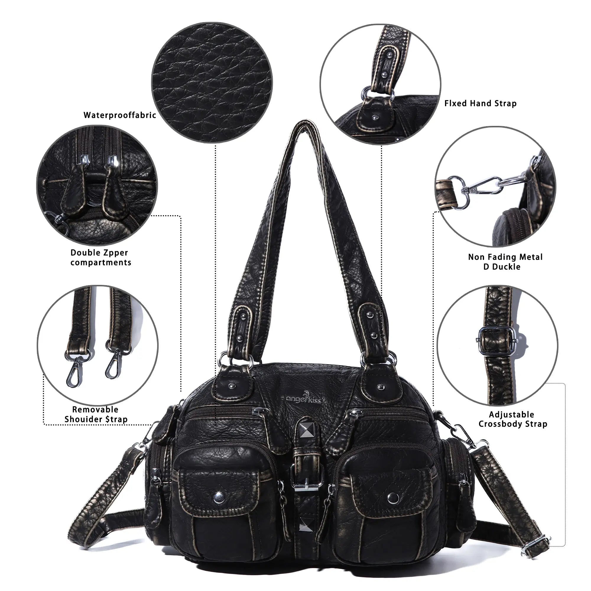 Multi-Pocket Shoulder Bag with Buckle Details and Adjustable Strap