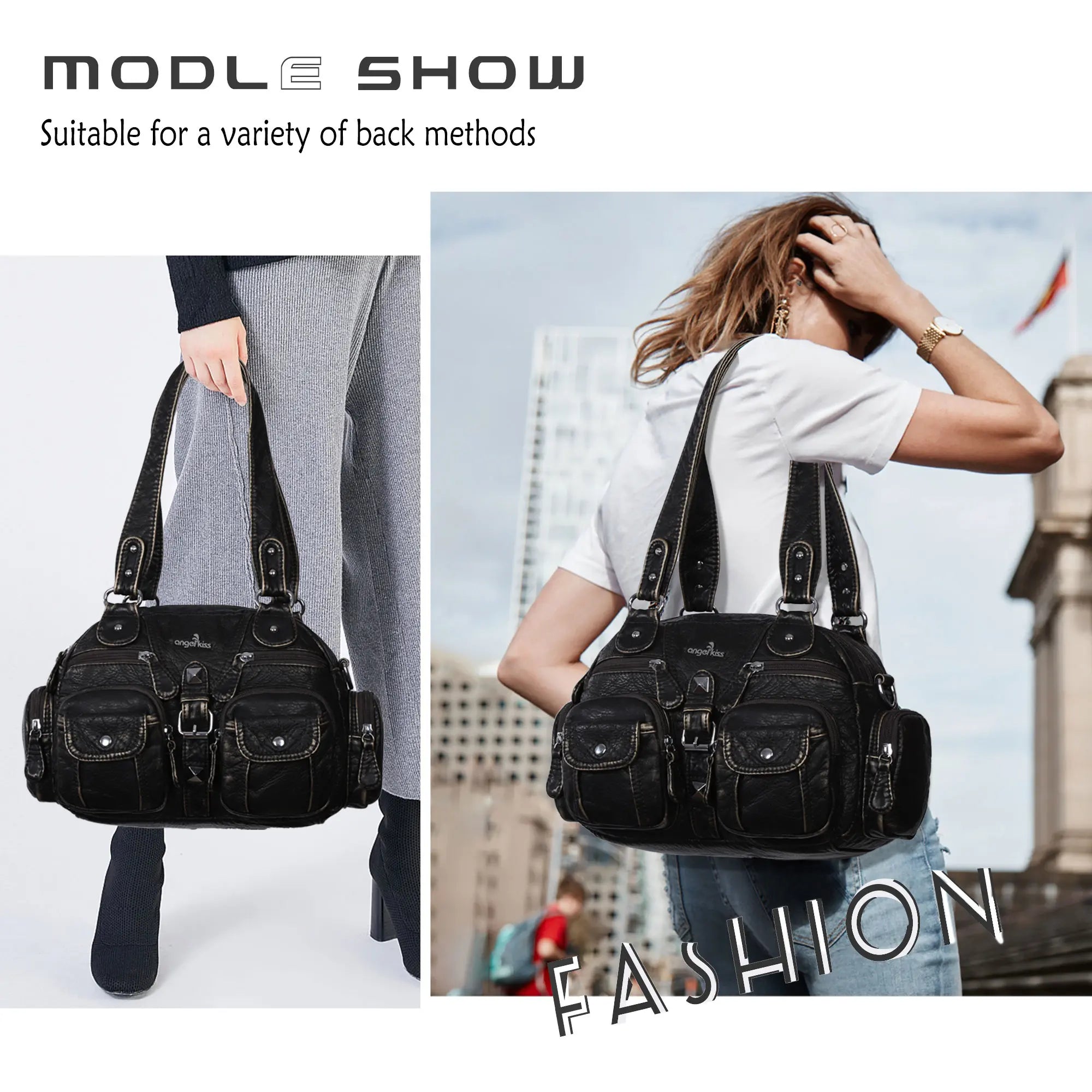 Multi-Pocket Shoulder Bag with Buckle Details and Adjustable Strap