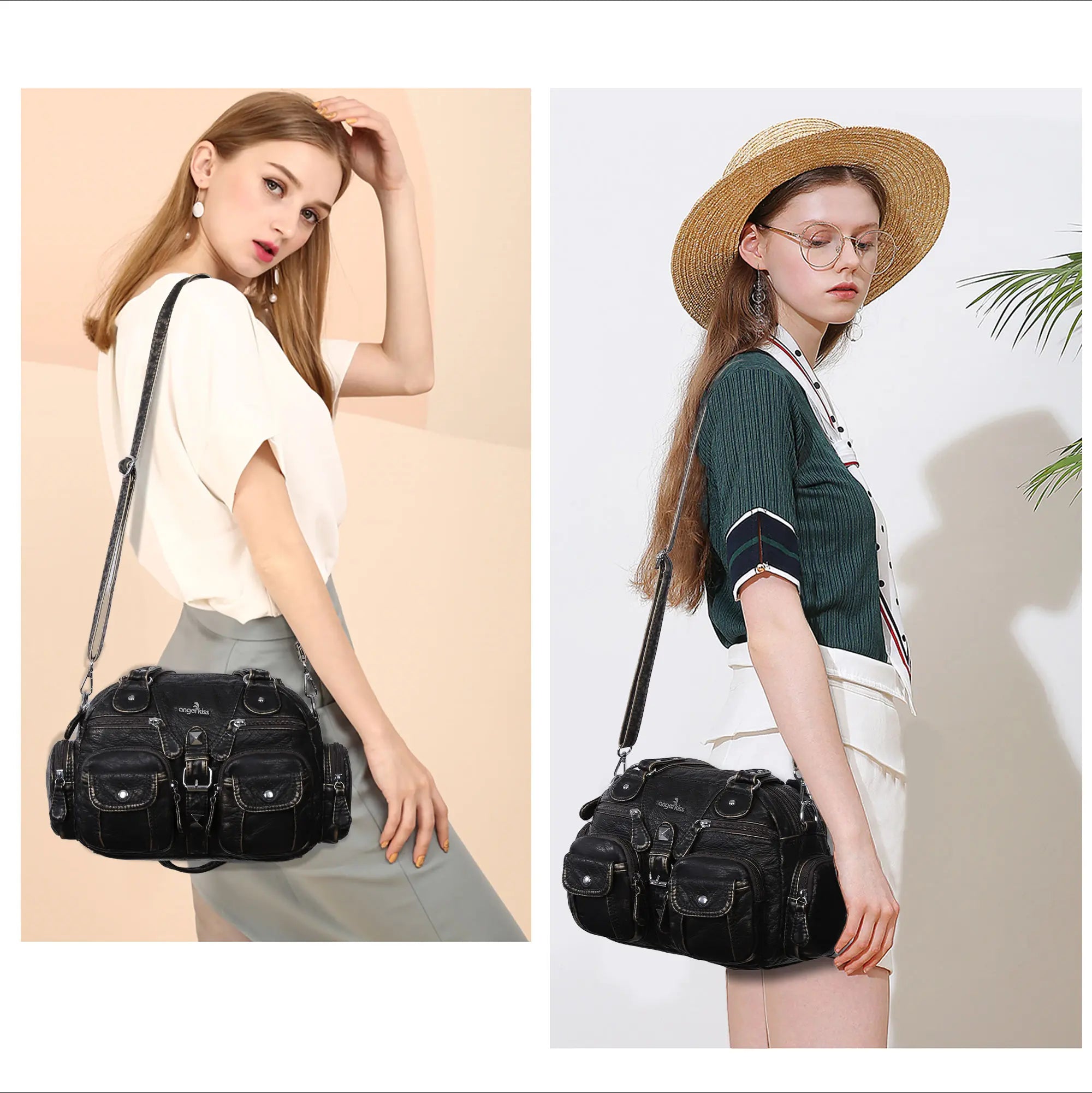 Multi-Pocket Shoulder Bag with Buckle Details and Adjustable Strap