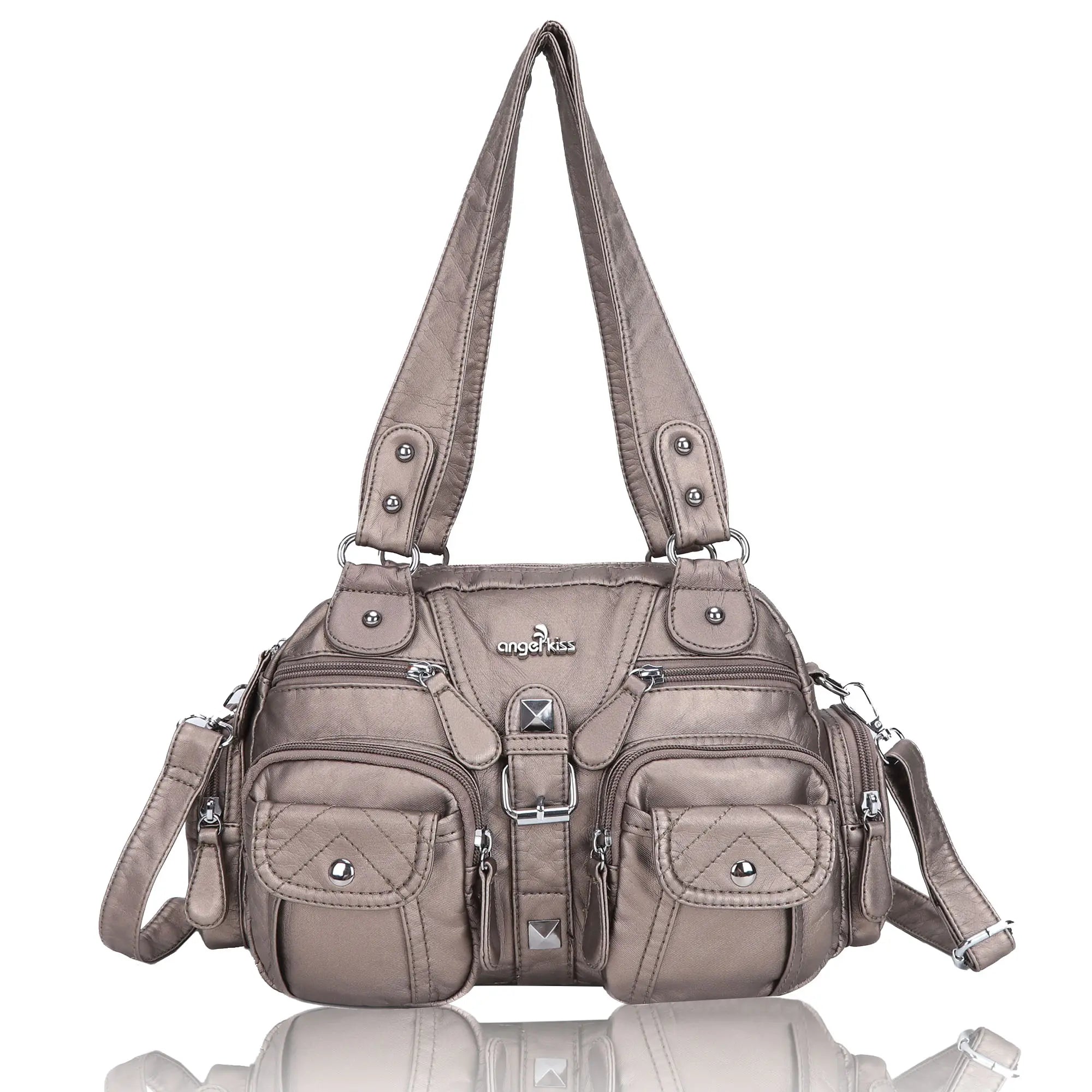 Small Double-Handle Shoulder Bag with Multiple Front Pockets