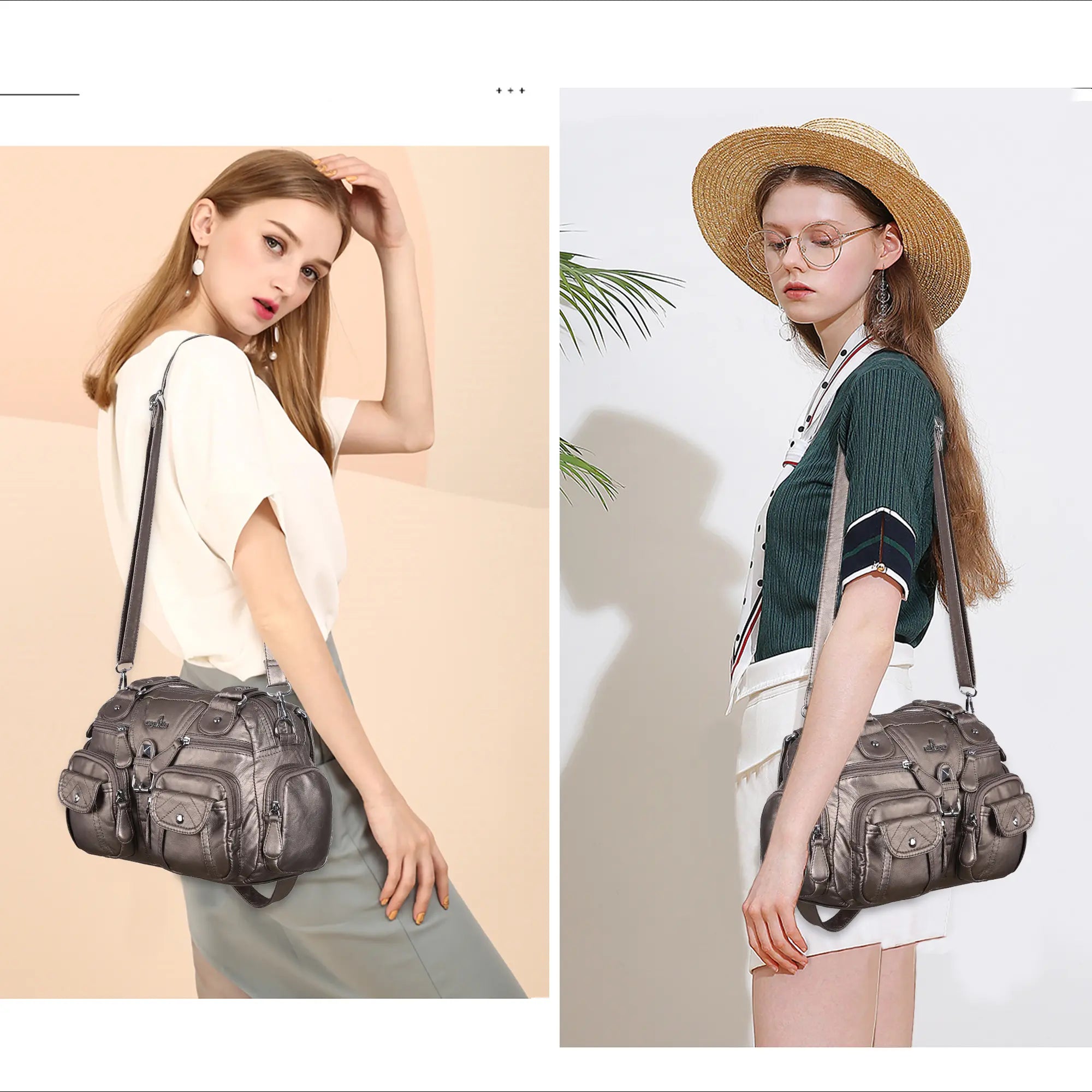 Small Double-Handle Shoulder Bag with Multiple Front Pockets