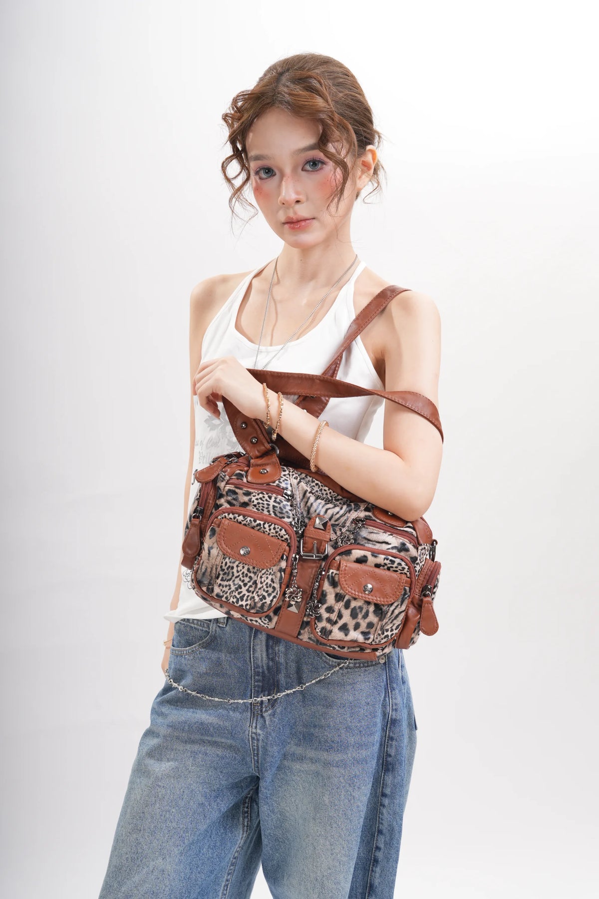 Leopard Print Multi-Pocket Shoulder Bag with Studded Buckle