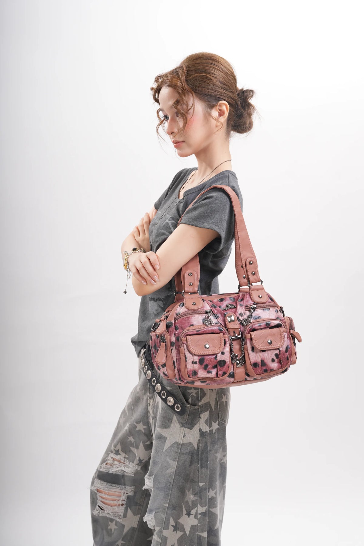Leopard Print Multi-Pocket Shoulder Bag with Studded Buckle