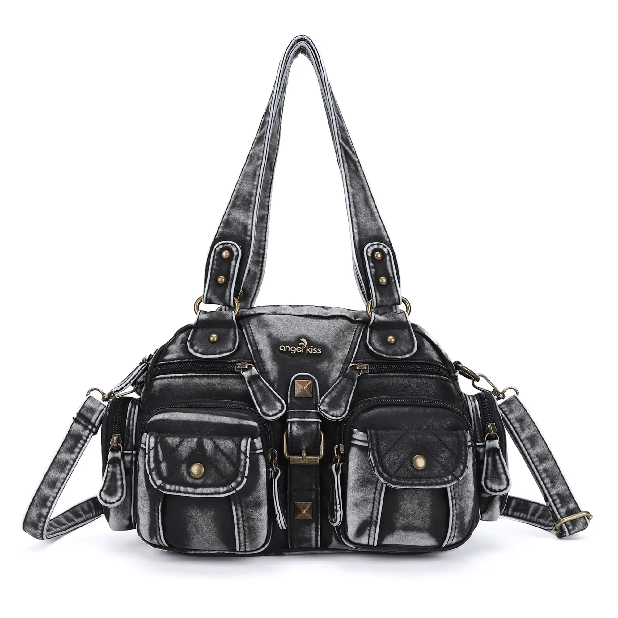 Multi-Pocket Shoulder Bag with Buckle Details and Adjustable Strap