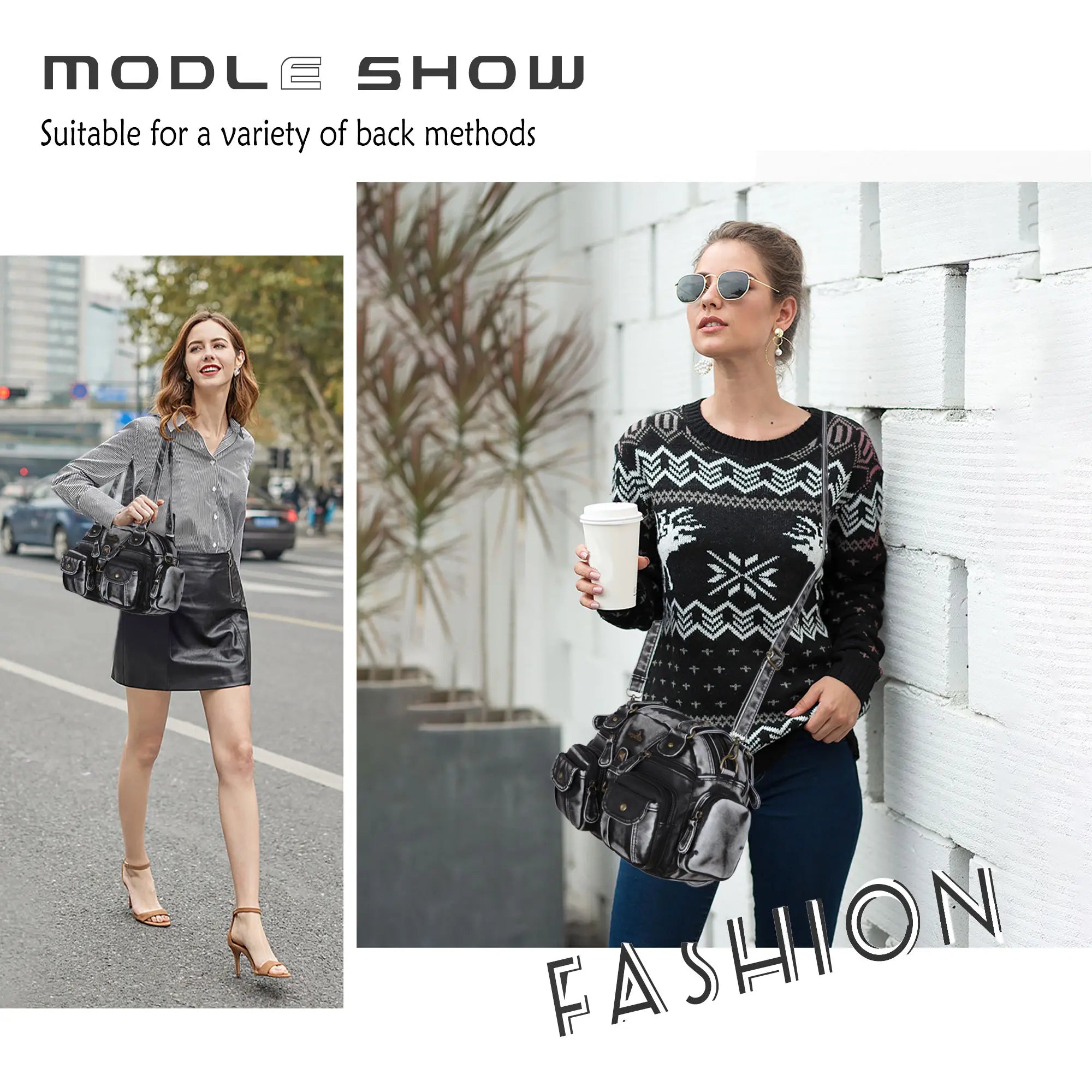 Multi-Pocket Shoulder Bag with Buckle Details and Adjustable Strap
