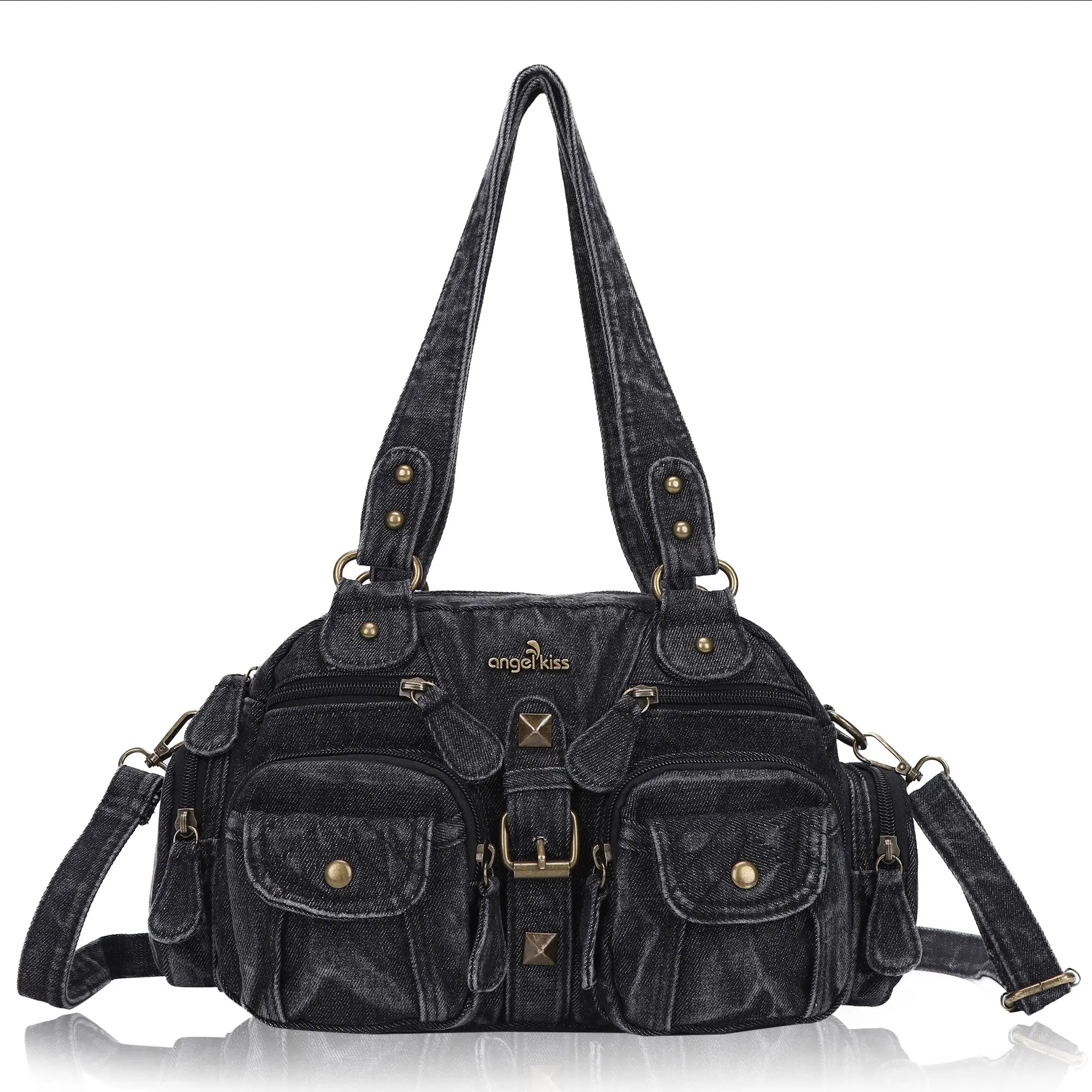 Multi-Pocket Shoulder Bag with Buckle Details and Adjustable Strap