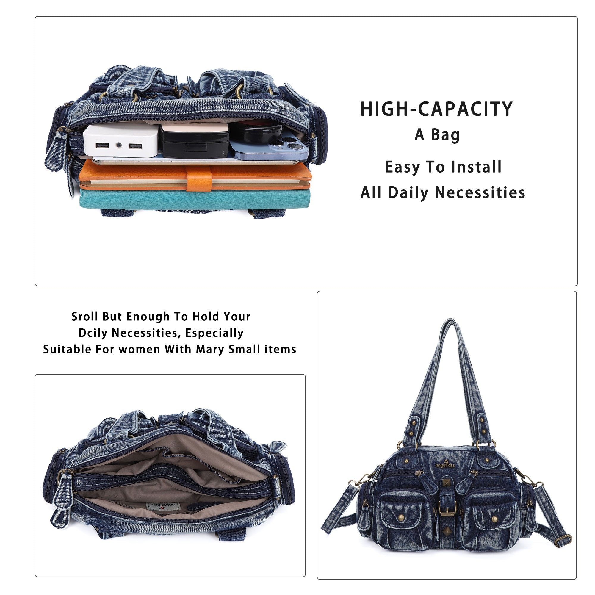 Multi-Pocket Shoulder Bag with Buckle Details and Adjustable Strap