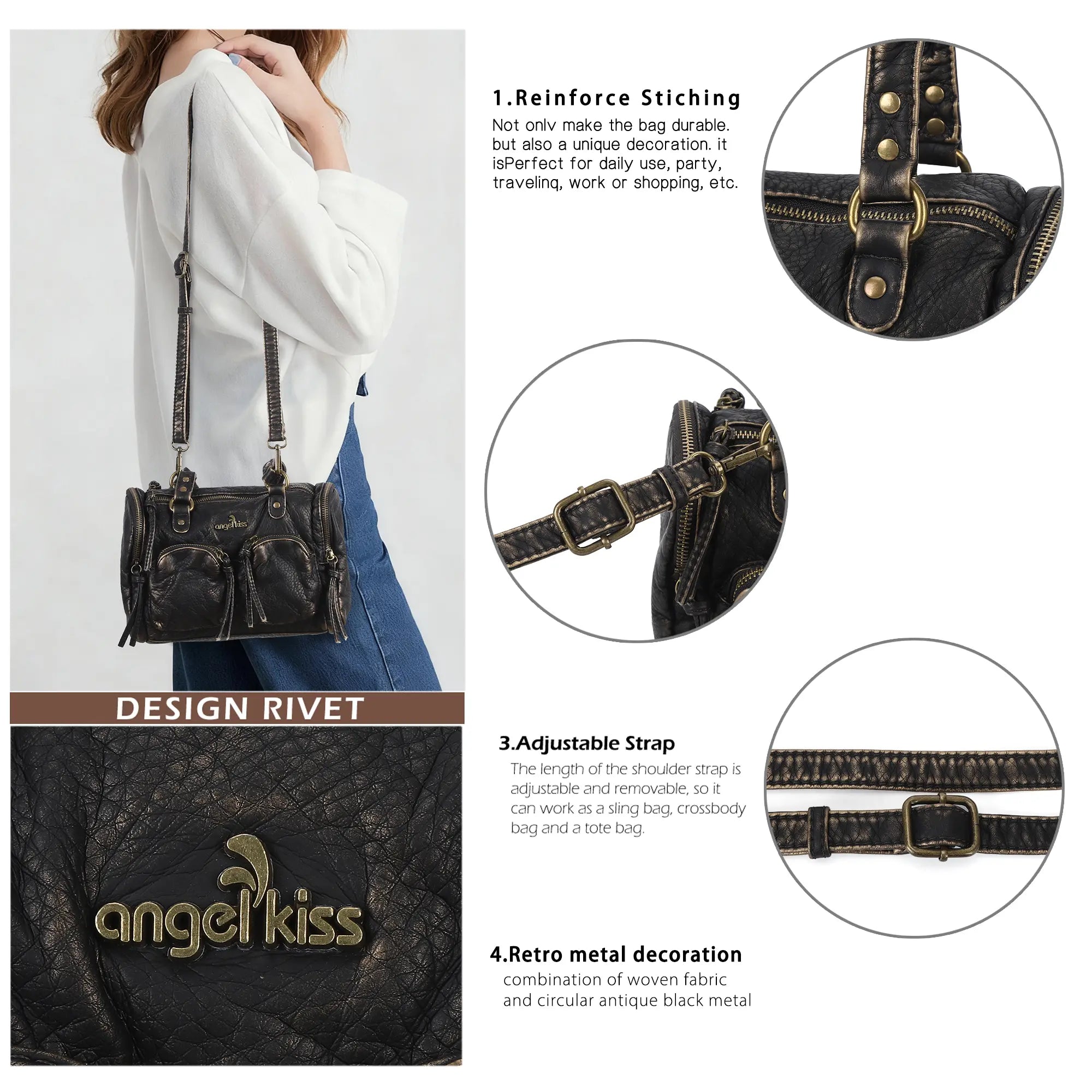 Grunge Style Top Handle Handbag – Studded Biker Shoulder Purse
