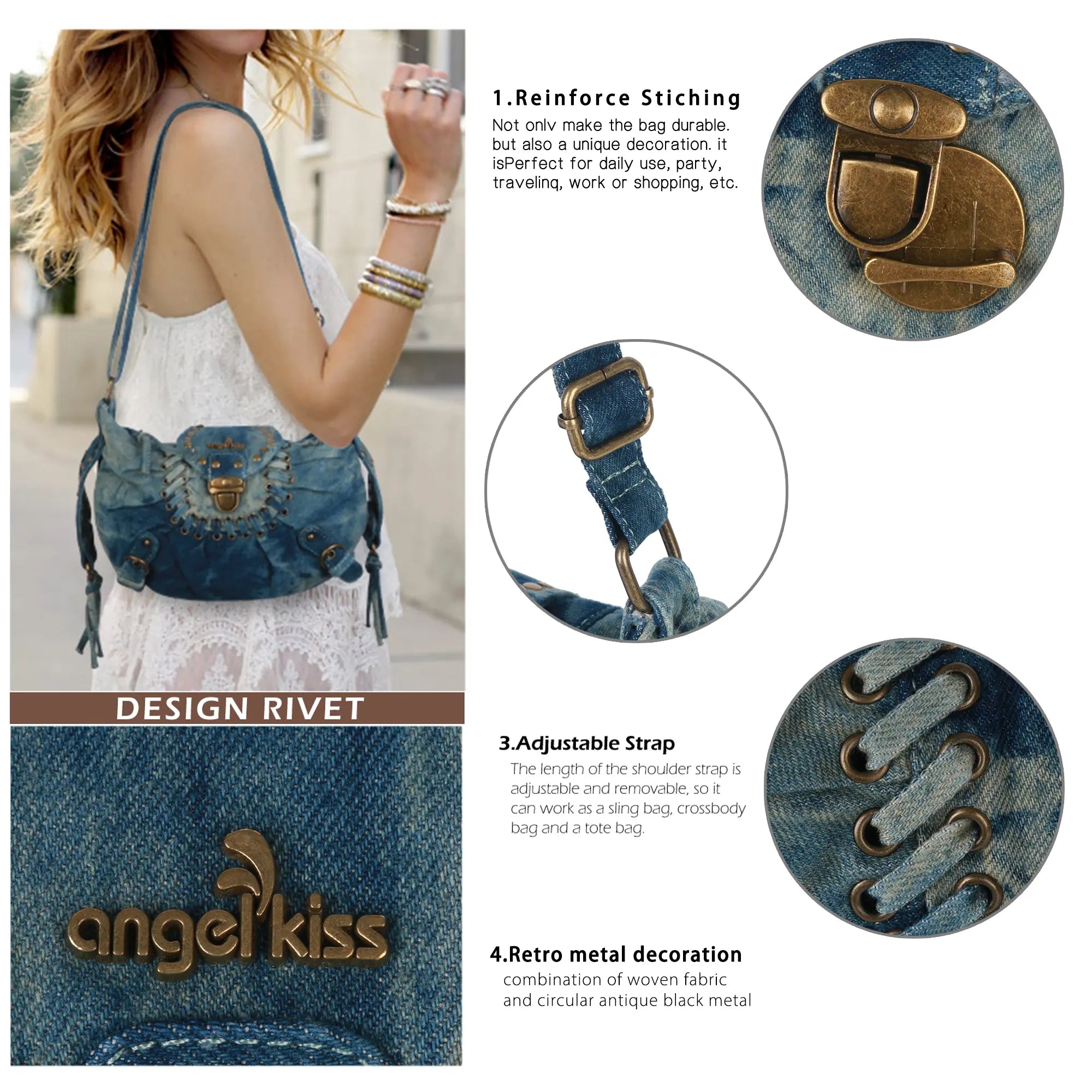 Western Studded Denim Shoulder &amp; Crossbody Bag