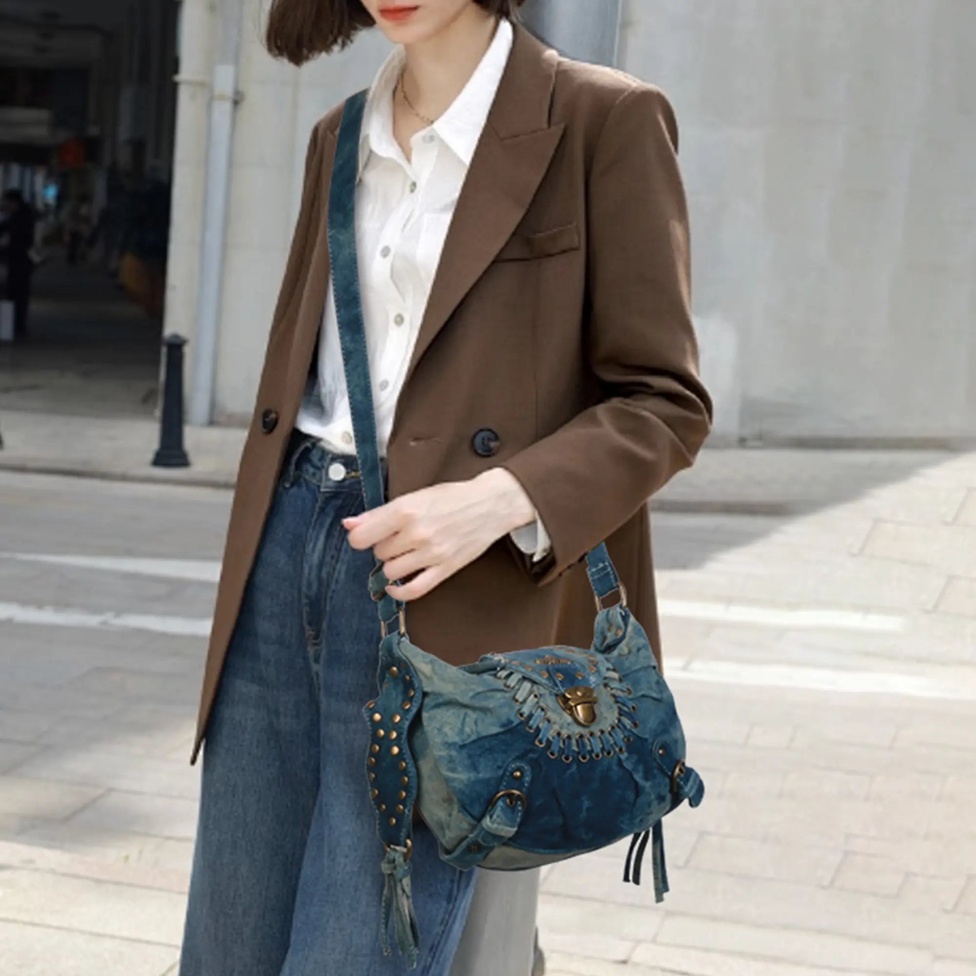 Western Studded Denim Shoulder &amp; Crossbody Bag