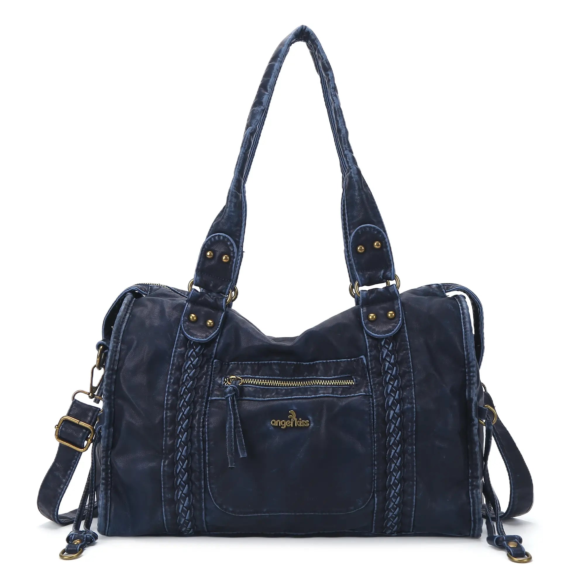 Distressed Braided Multi-Pocket Satchel Bag with Top Handles