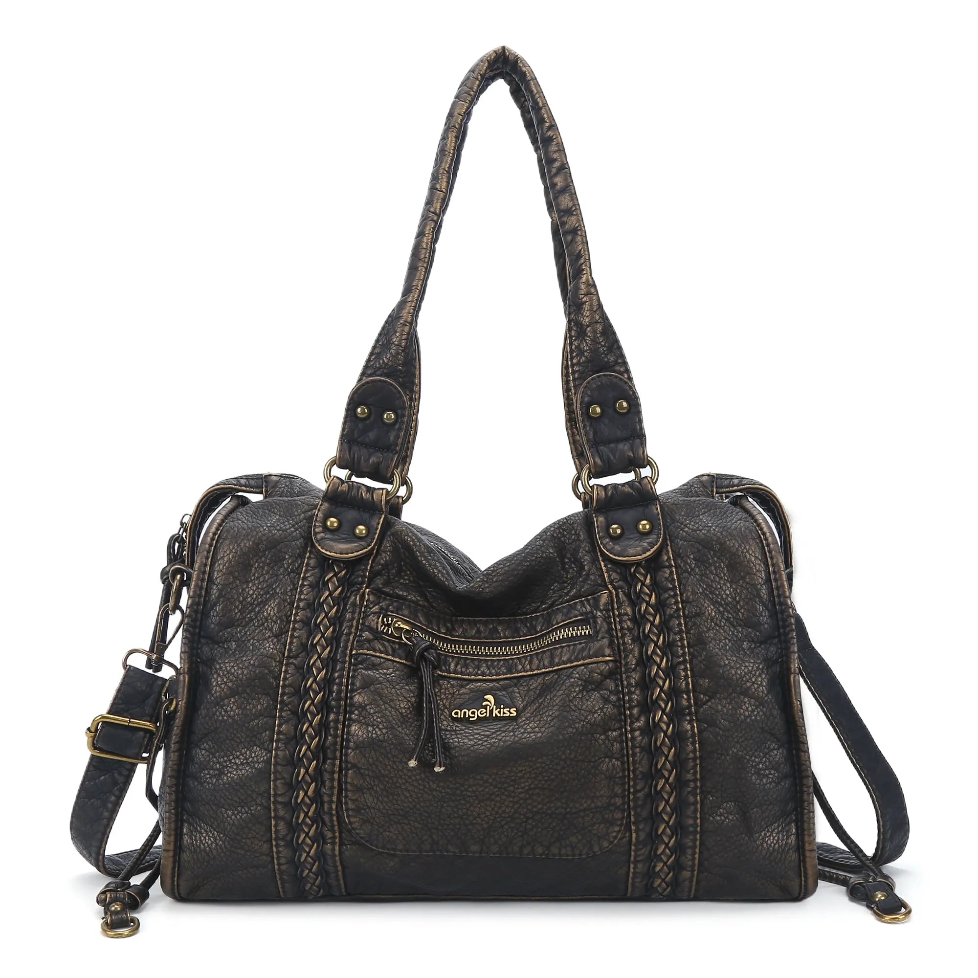 Distressed Braided Multi-Pocket Satchel Bag with Top Handles