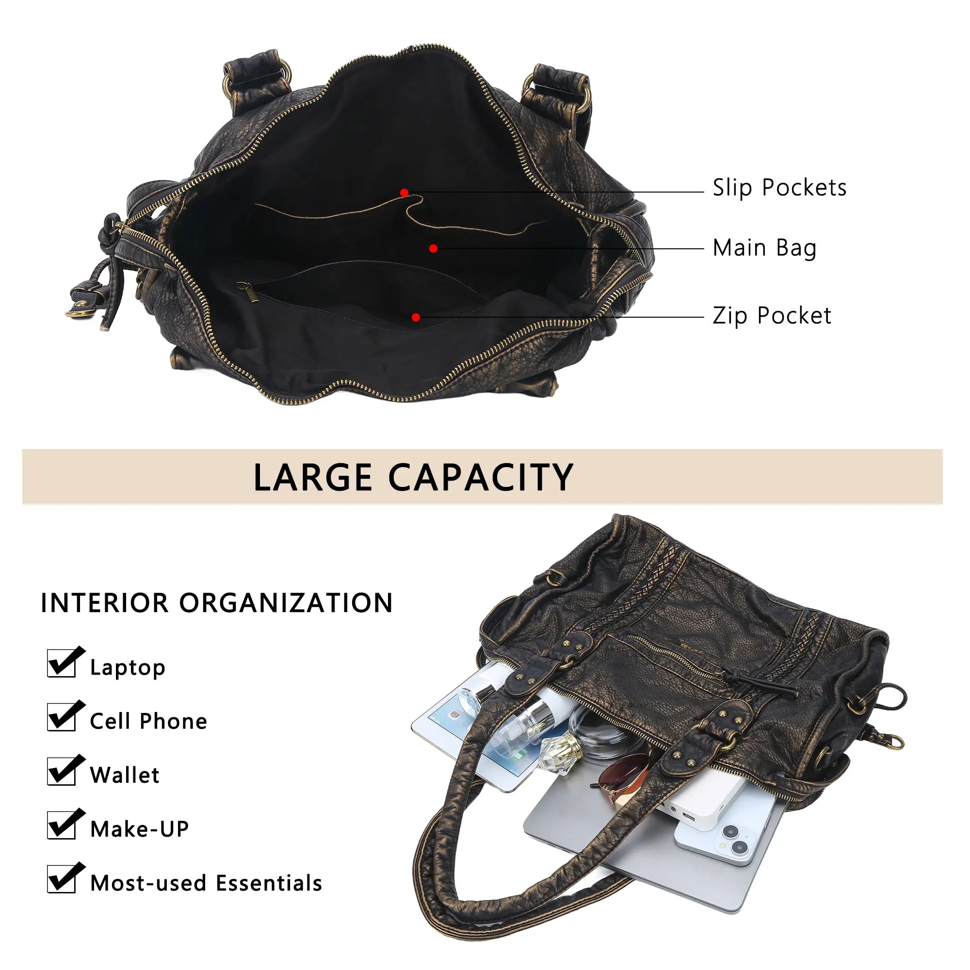 Distressed Braided Multi-Pocket Satchel Bag with Top Handles