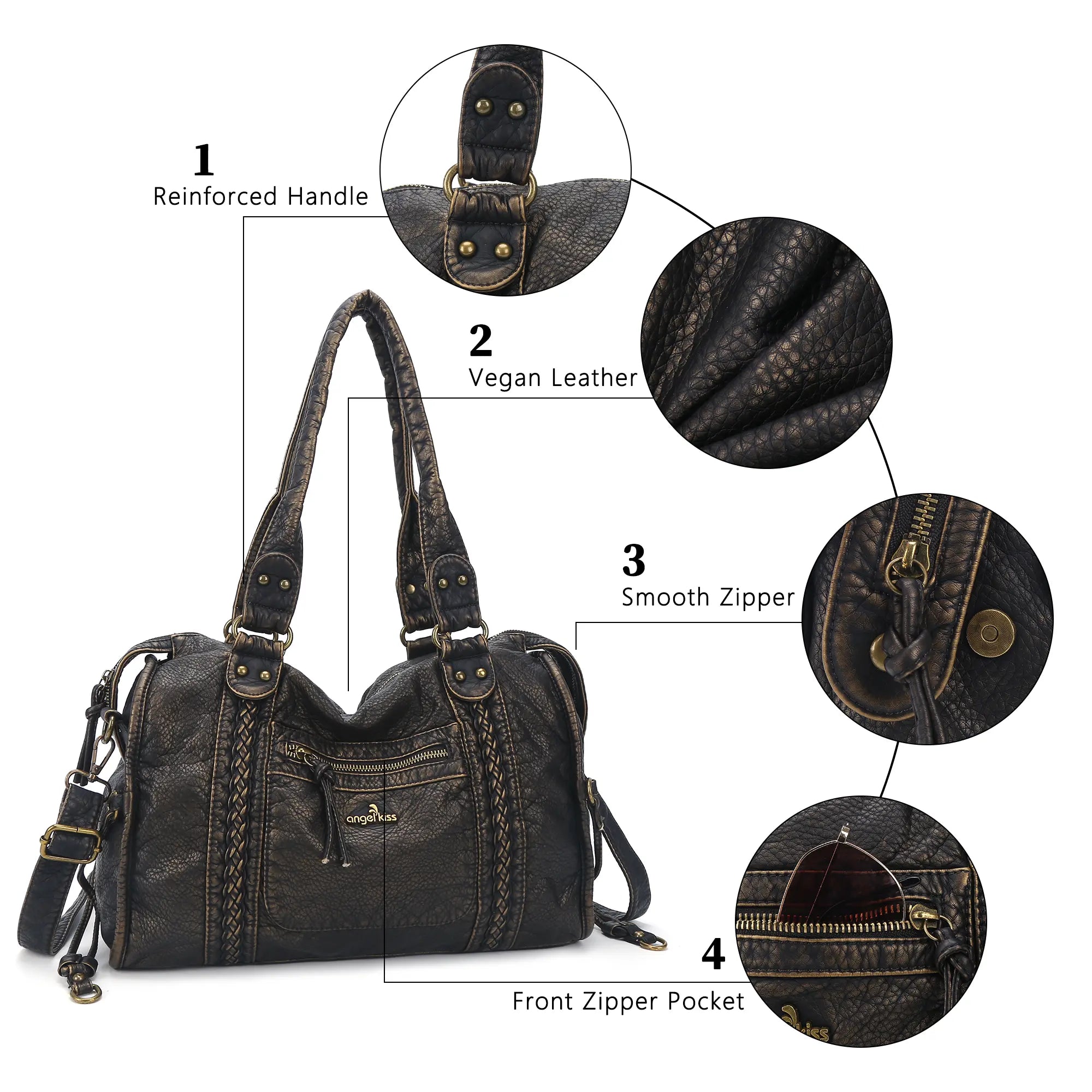 Distressed Braided Multi-Pocket Satchel Bag with Top Handles