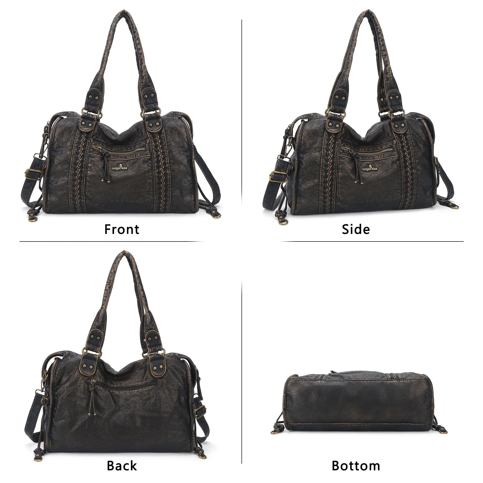 Distressed Braided Multi-Pocket Satchel Bag with Top Handles