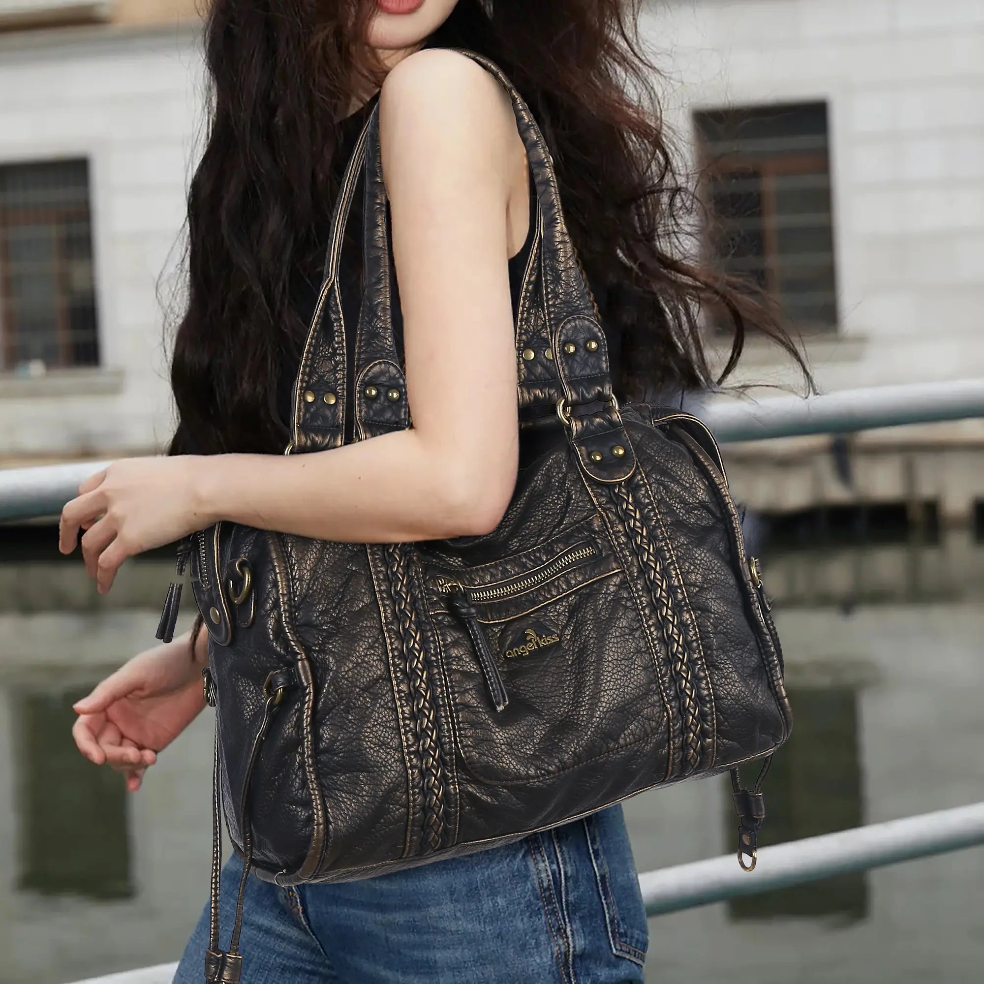 Distressed Braided Multi-Pocket Satchel Bag with Top Handles