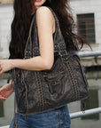 Distressed Braided Multi-Pocket Satchel Bag with Top Handles