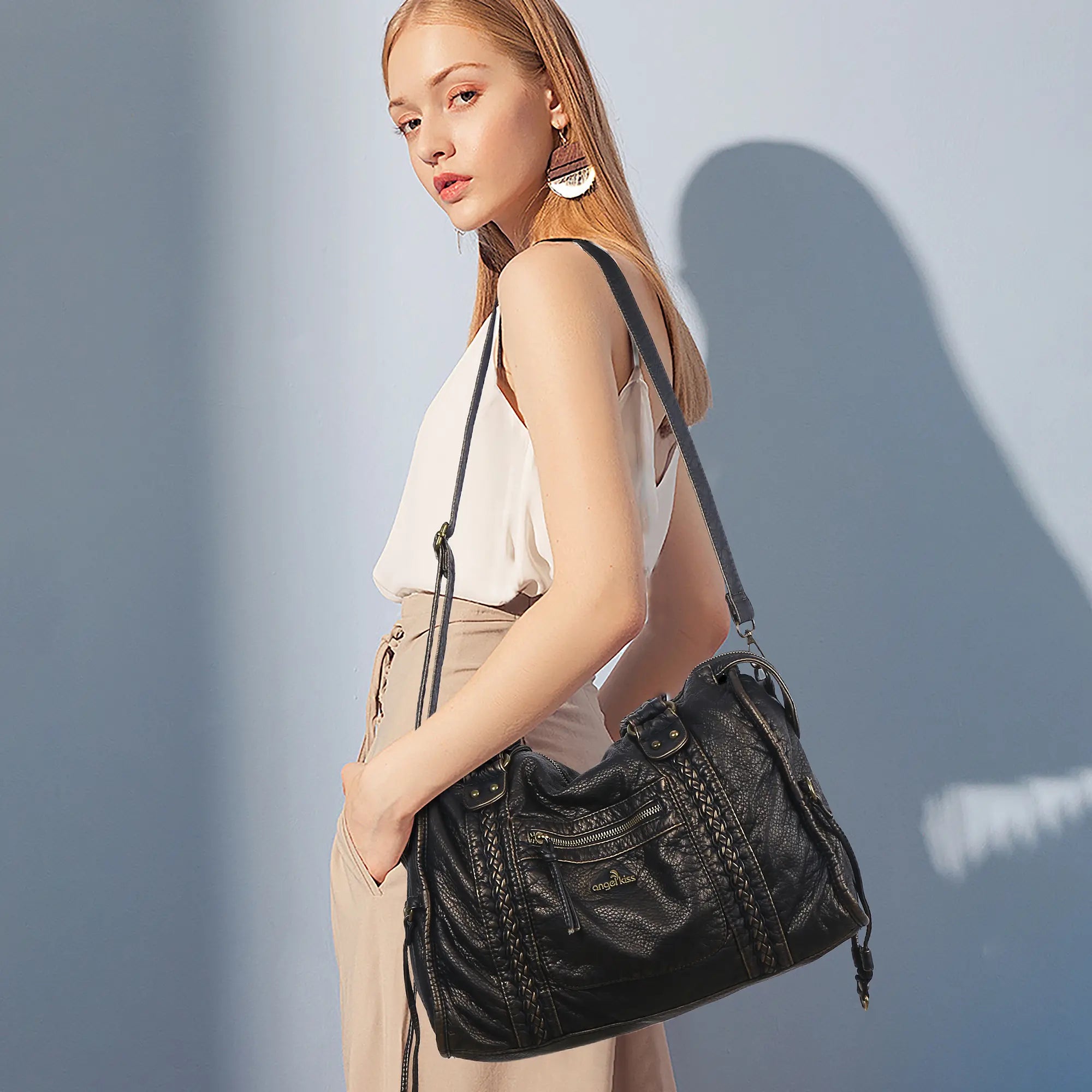 Distressed Braided Multi-Pocket Satchel Bag with Top Handles
