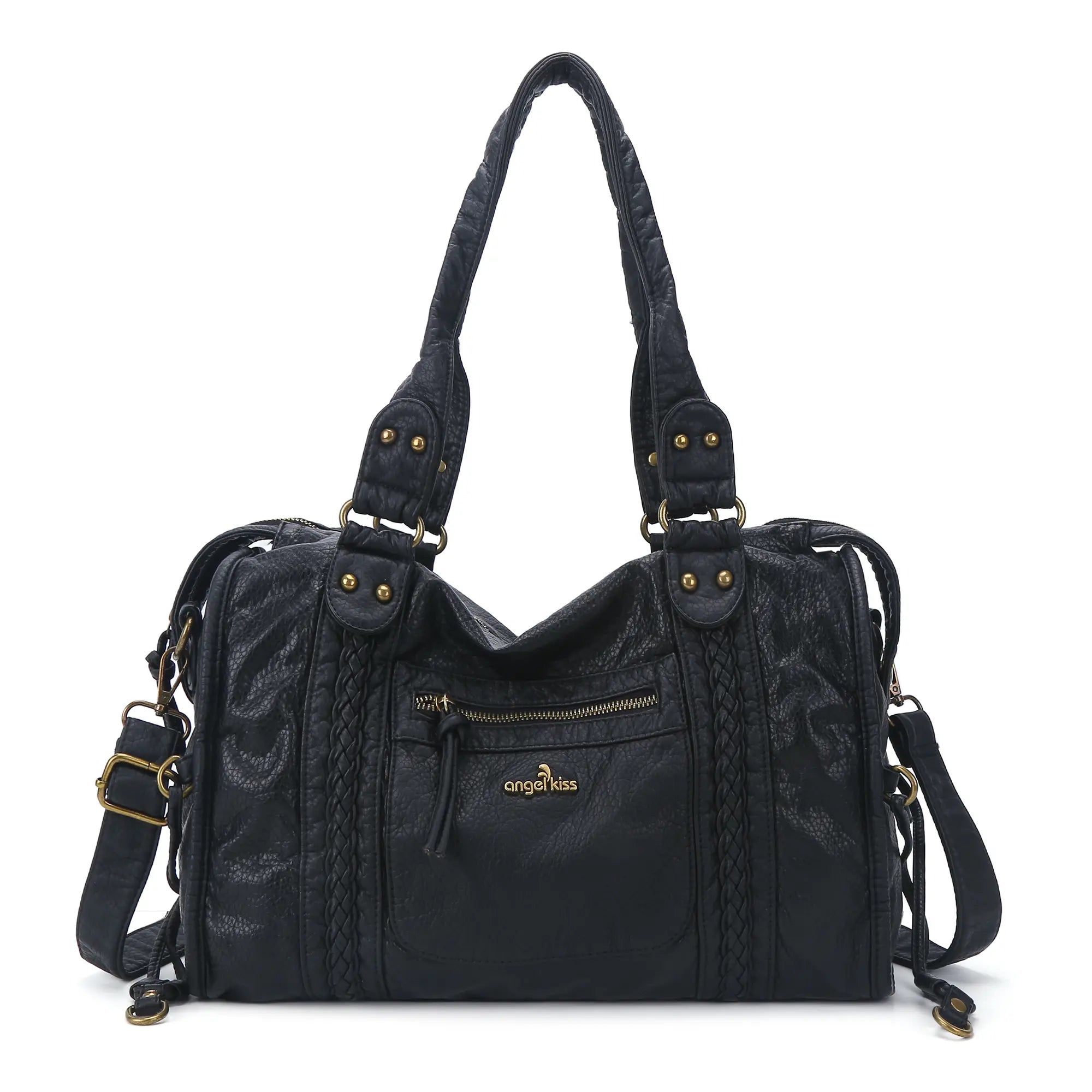 Distressed Braided Multi-Pocket Satchel Bag with Top Handles